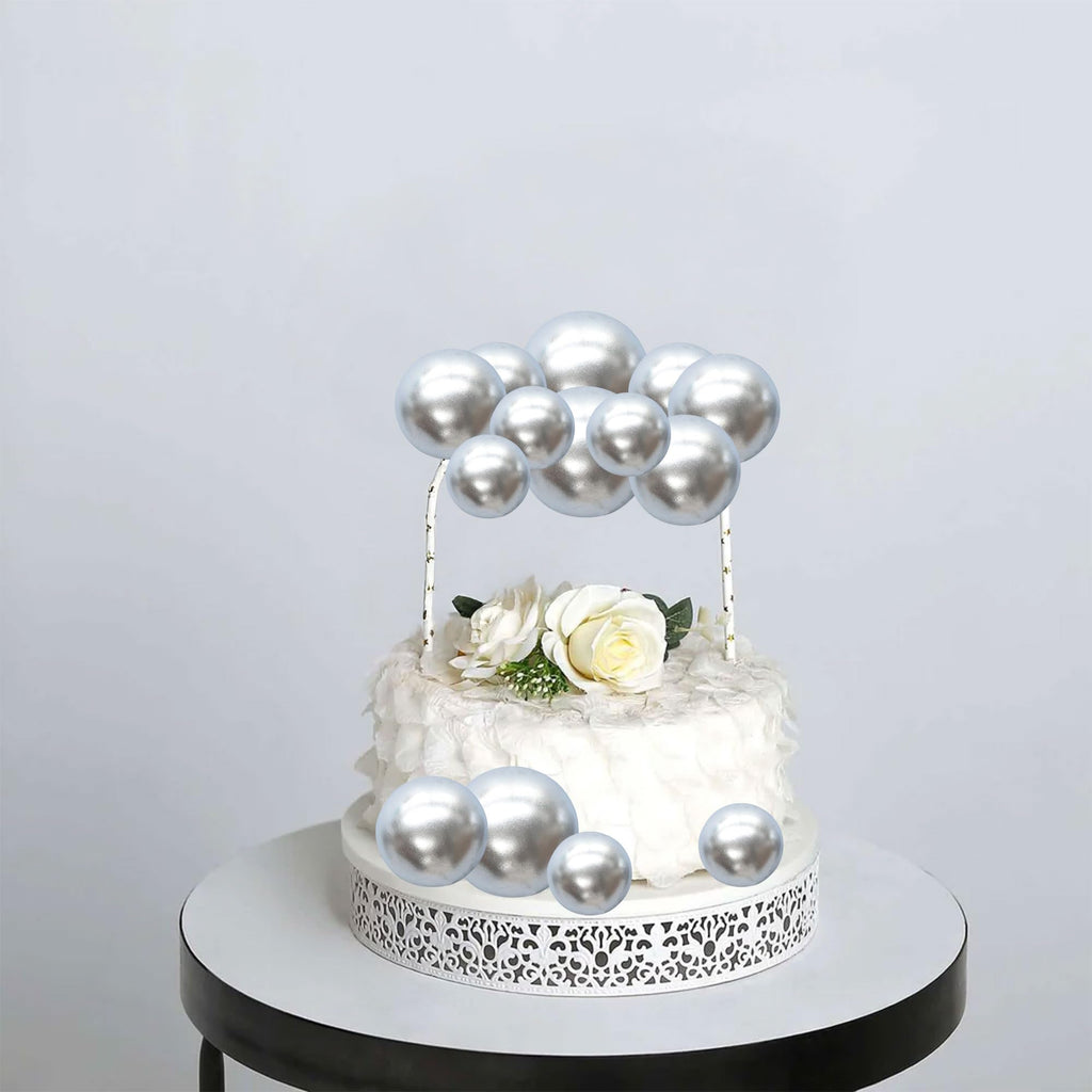 Gyufise 30Pcs Mini Balloon Cake Toppers – Foam Ball Cupcake Picks, Faux Pearl Balls, Silver