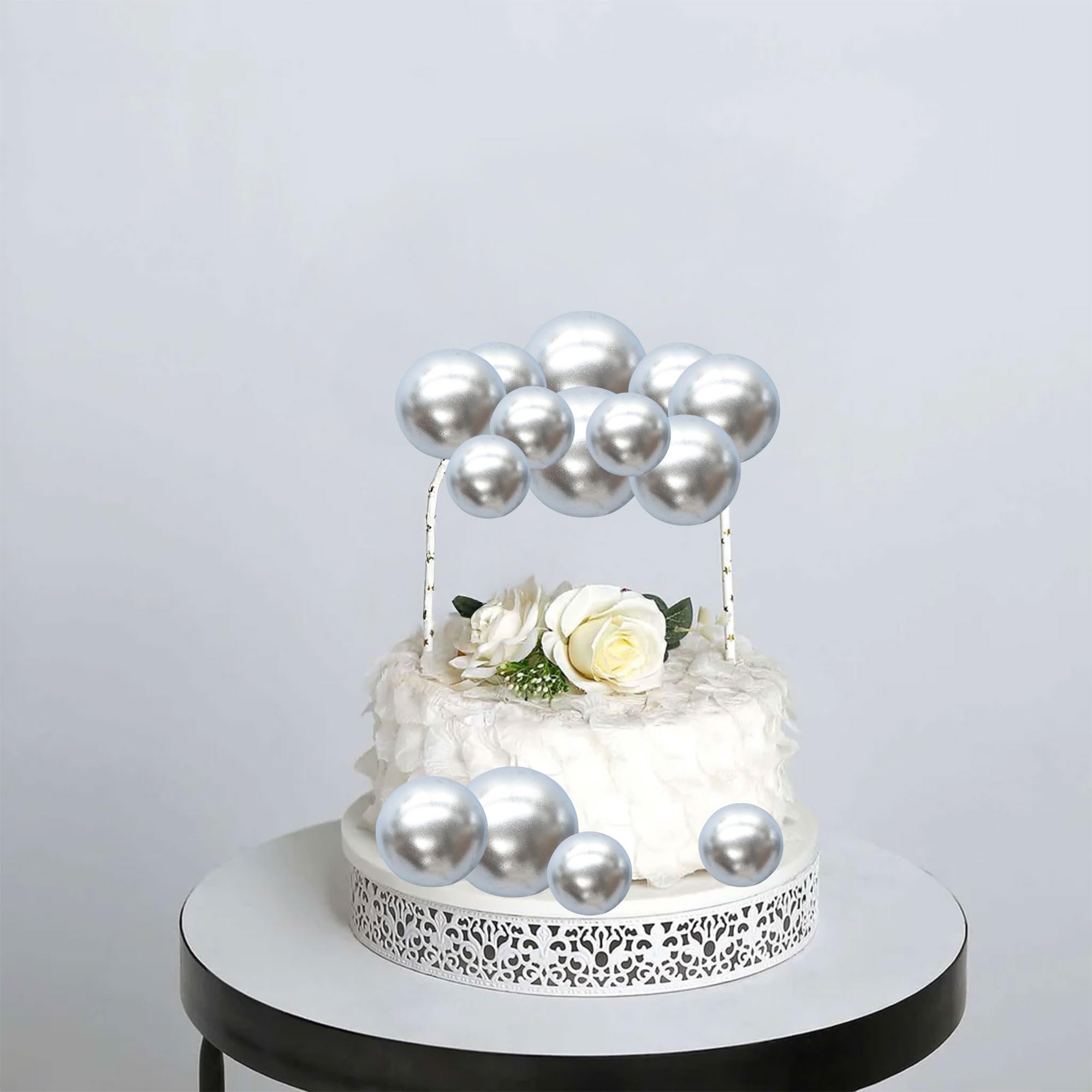 Gyufise 30Pcs Mini Balloon Cake Toppers – Foam Ball Cupcake Picks, Faux Pearl Balls, Silver
