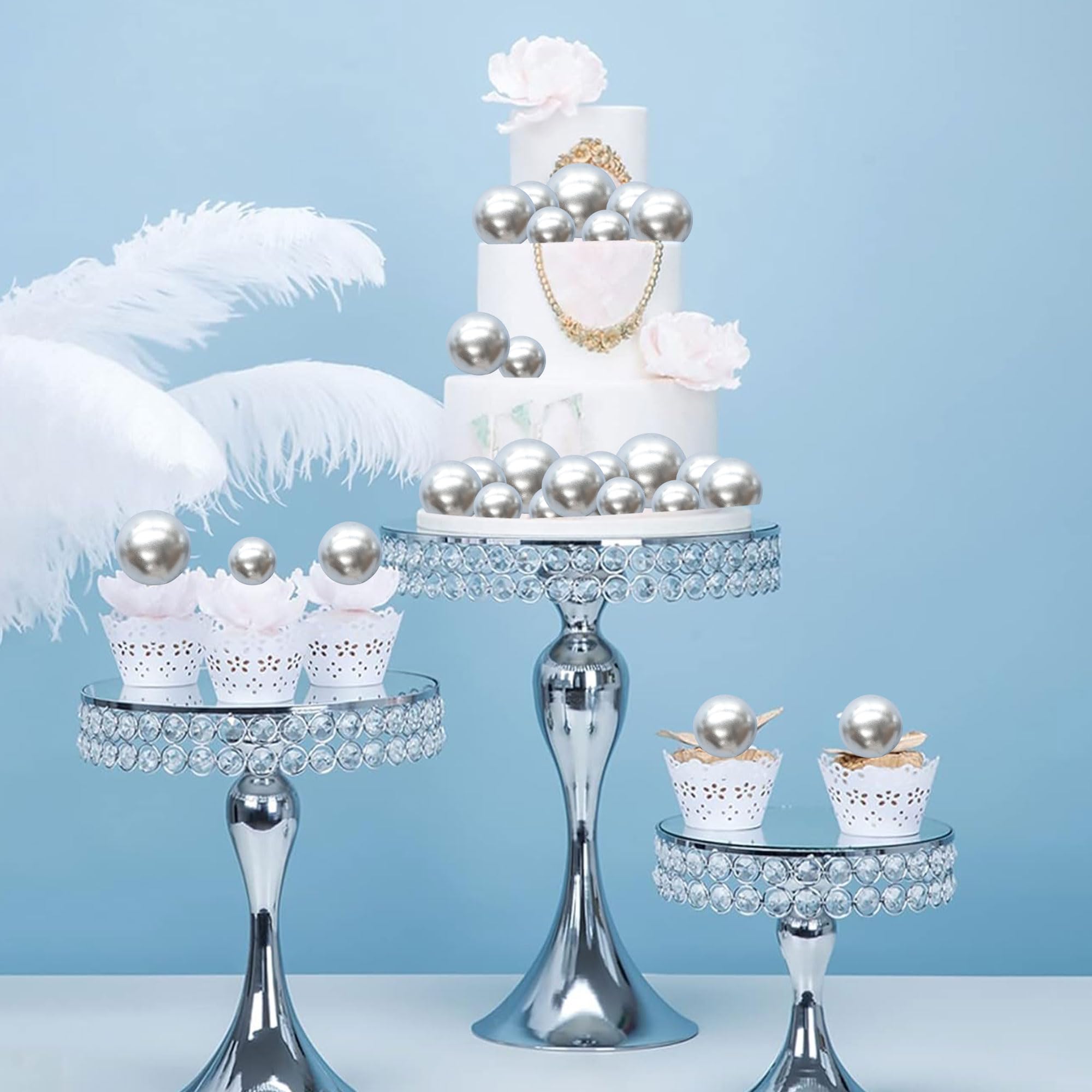 Gyufise 30Pcs Mini Balloon Cake Toppers – Foam Ball Cupcake Picks, Faux Pearl Balls, Silver