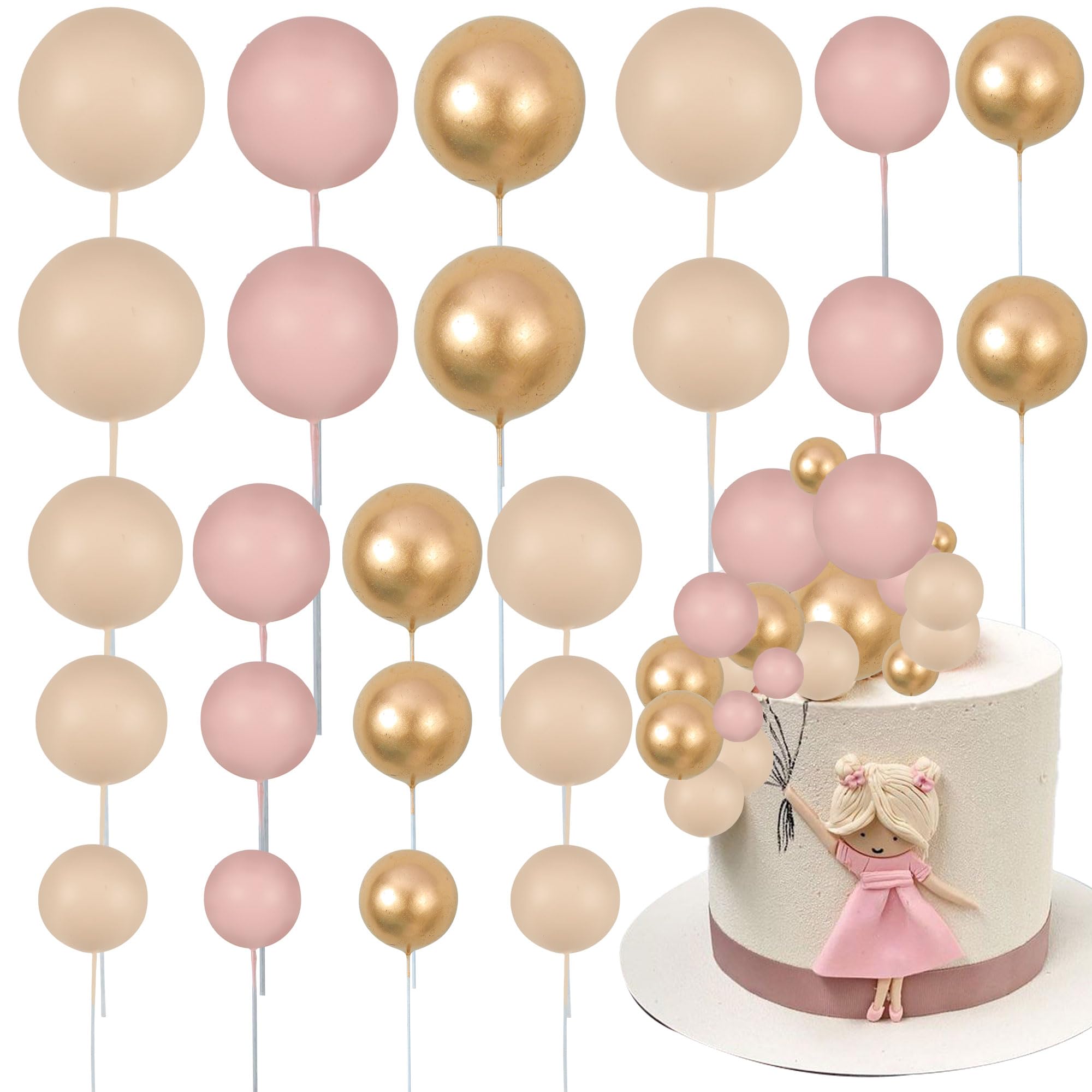 Gyufise 30Pcs Ball Cake Topper Set – Apricot Gold Ball Picks for Bear Theme Parties