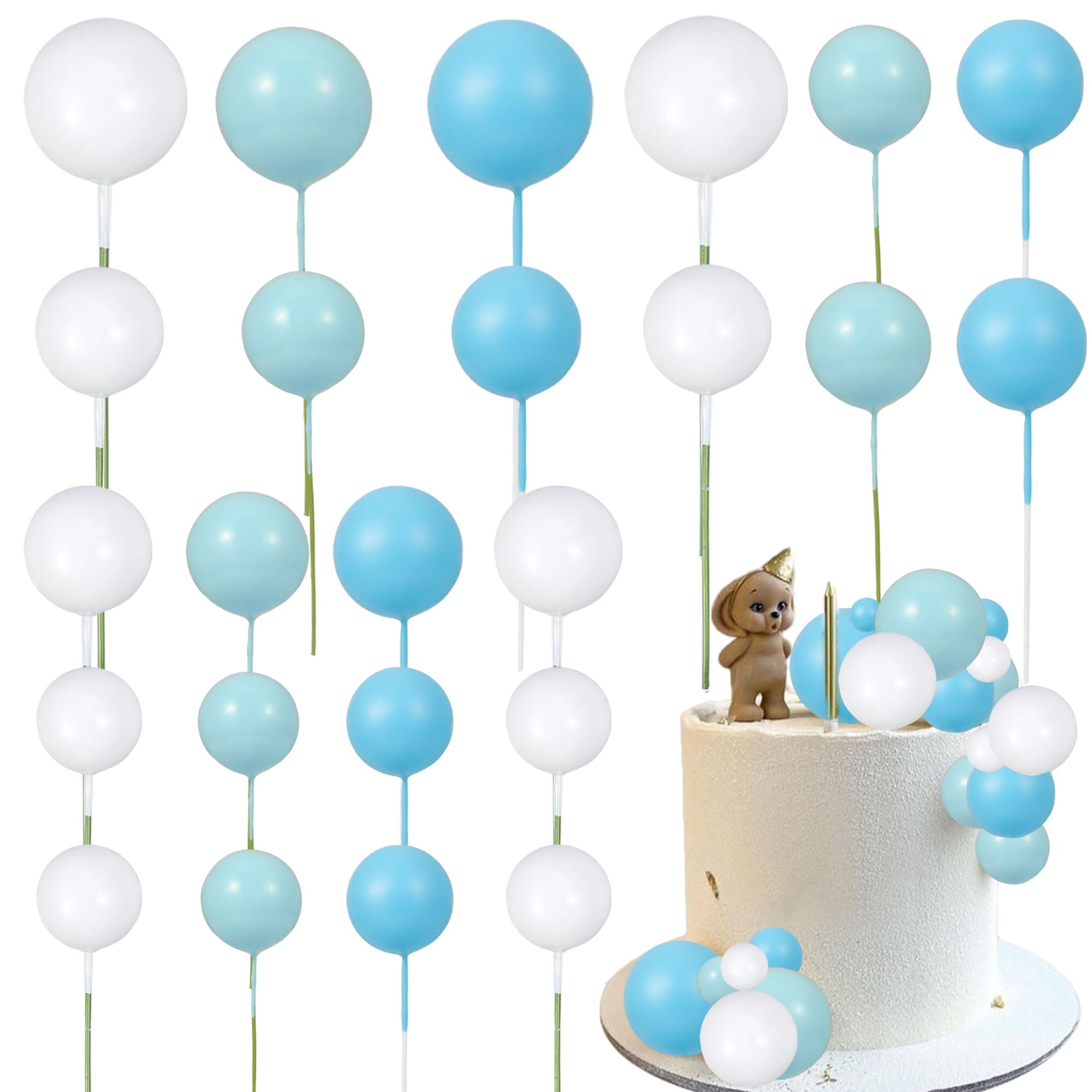 Gyufise 30Pcs Colorful Foam Ball Cake Toppers - Deep Blue, Light Blue & White (2.5cm-5cm)