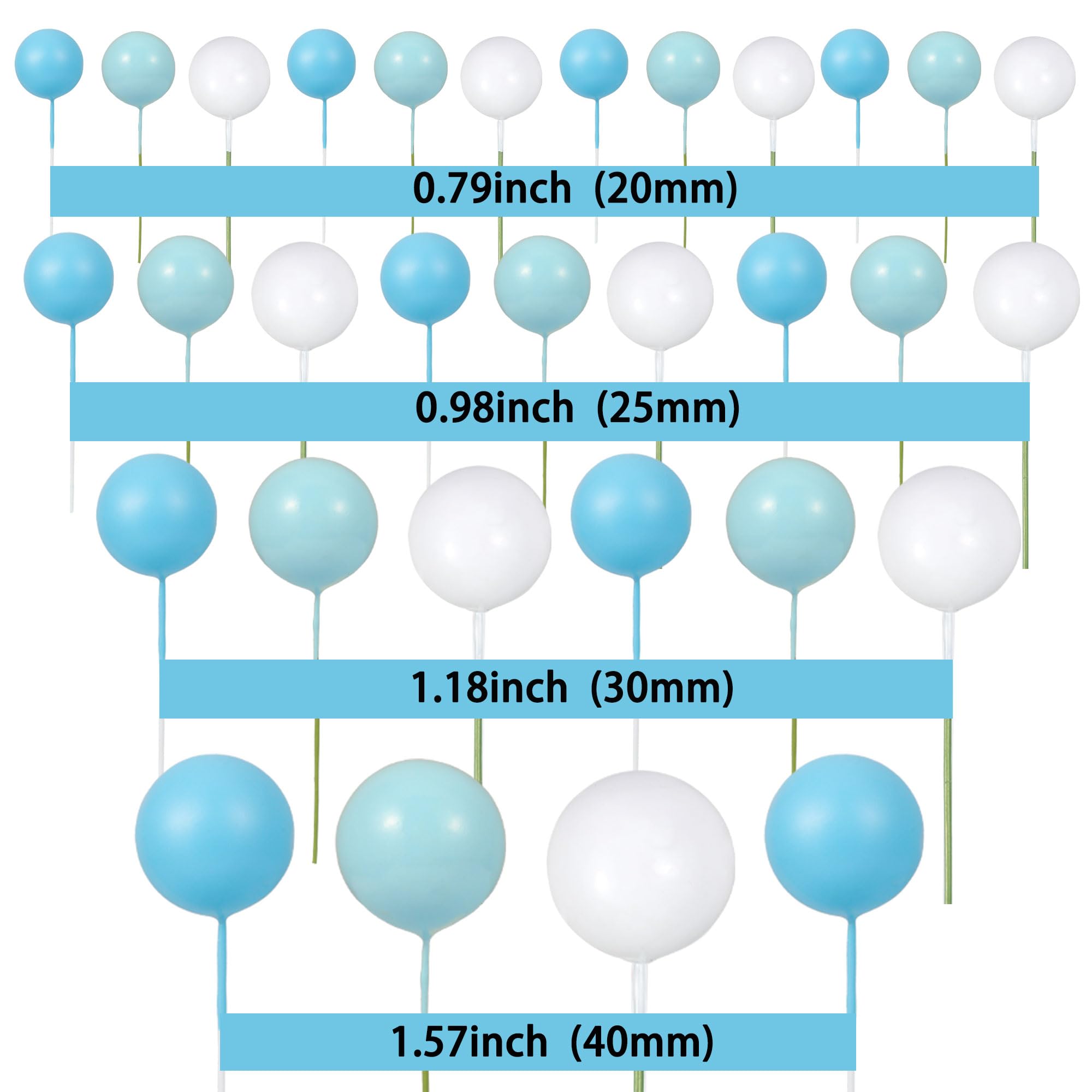 Gyufise 30Pcs Colorful Foam Ball Cake Toppers - Deep Blue, Light Blue & White (2.5cm-5cm)
