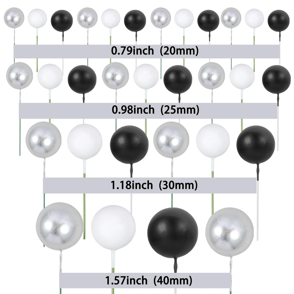 Gyufise 30Pcs Ball Cake Toppers – Foam Ball Picks for Cakes & Desserts (Silver/Black/White)