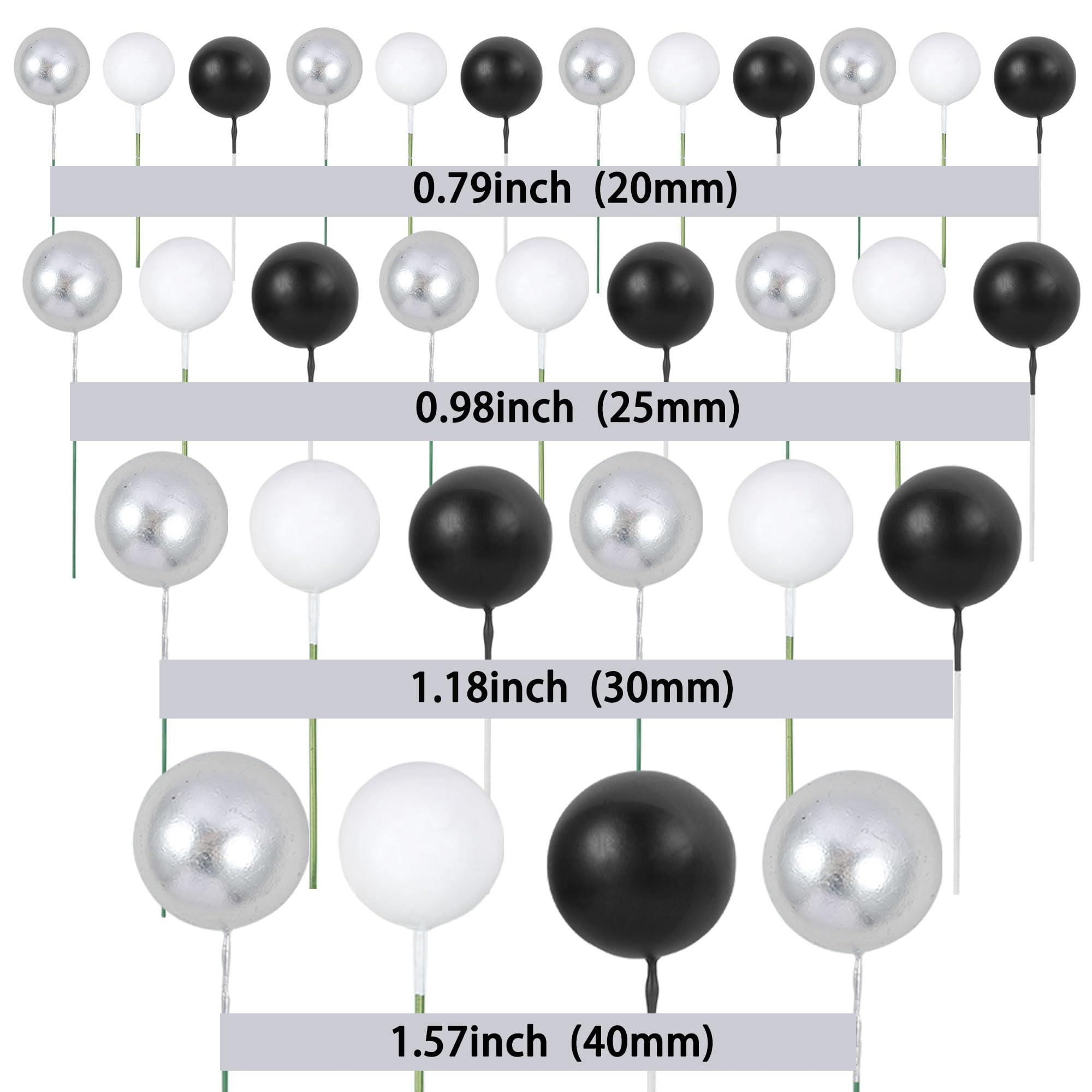 Gyufise 30Pcs Ball Cake Toppers – Foam Ball Picks for Cakes & Desserts (Silver/Black/White)