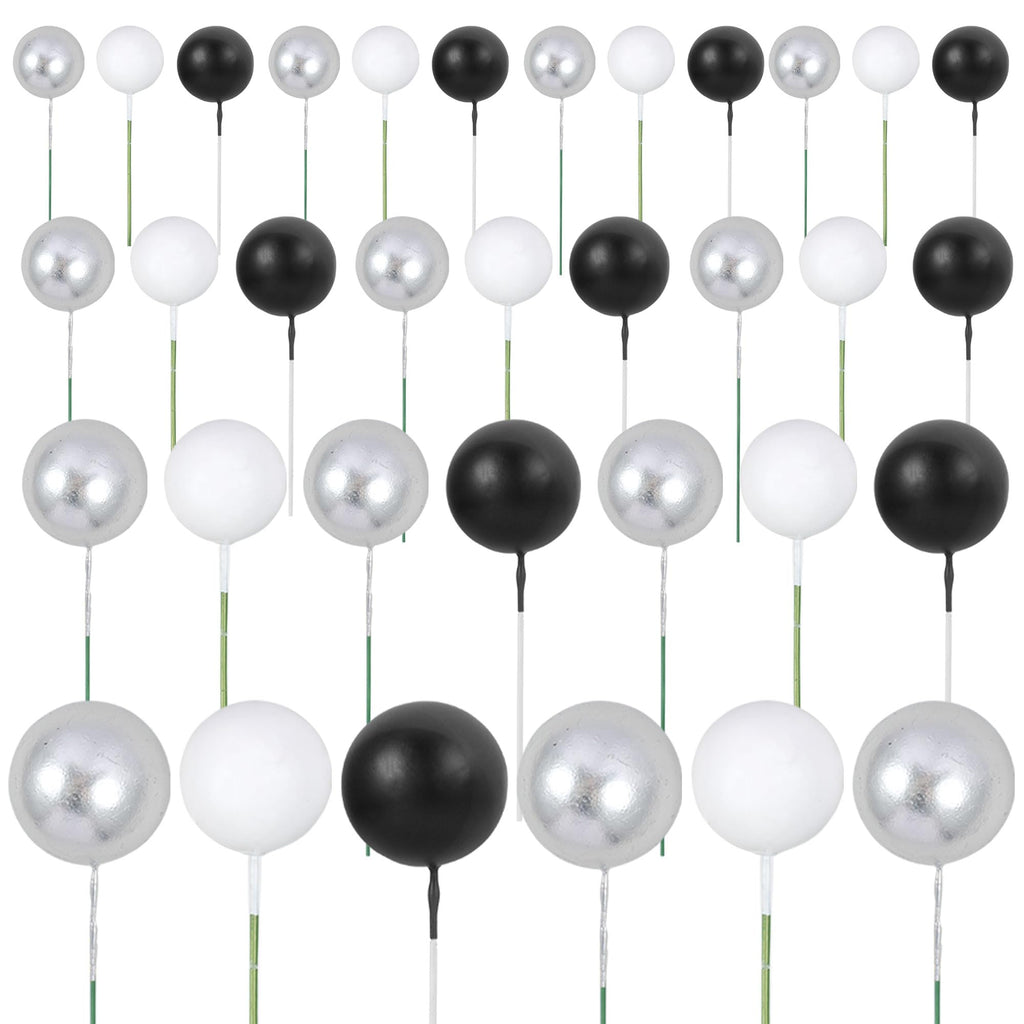 Gyufise 30Pcs Ball Cake Toppers – Foam Ball Picks for Cakes & Desserts (Silver/Black/White)
