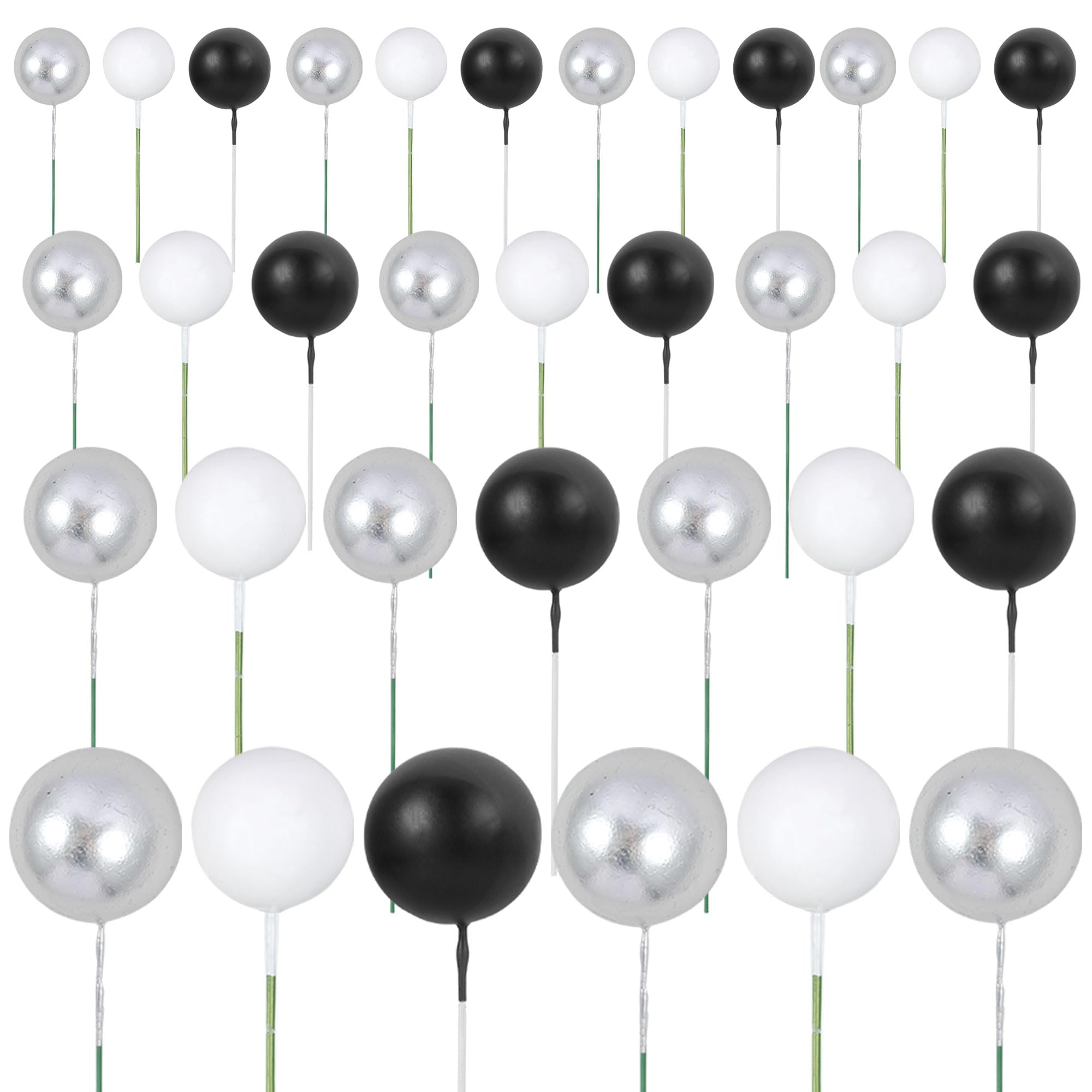 Gyufise 30Pcs Ball Cake Toppers – Foam Ball Picks for Cakes & Desserts (Silver/Black/White)