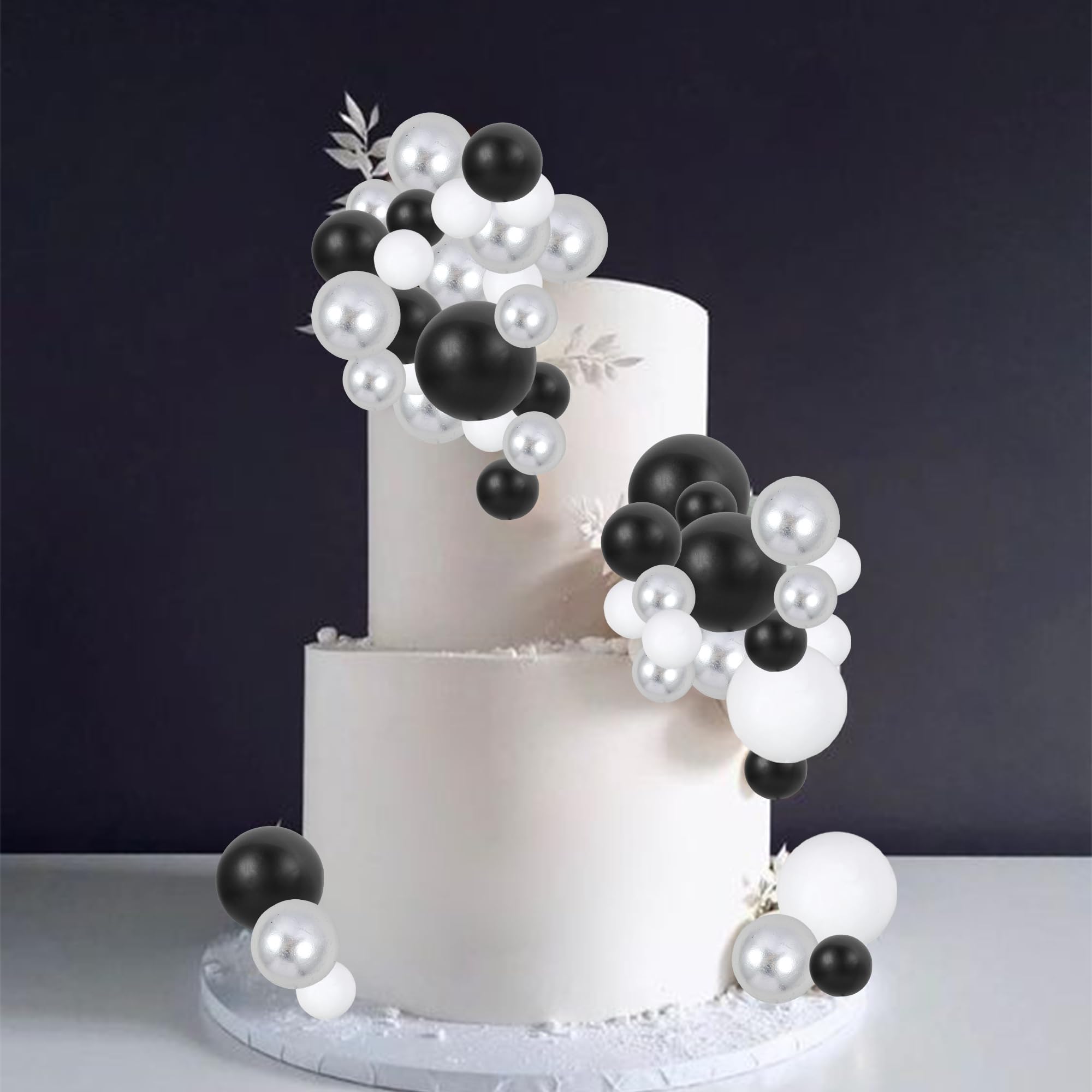 Gyufise 30Pcs Ball Cake Toppers – Foam Ball Picks for Cakes & Desserts (Silver/Black/White)