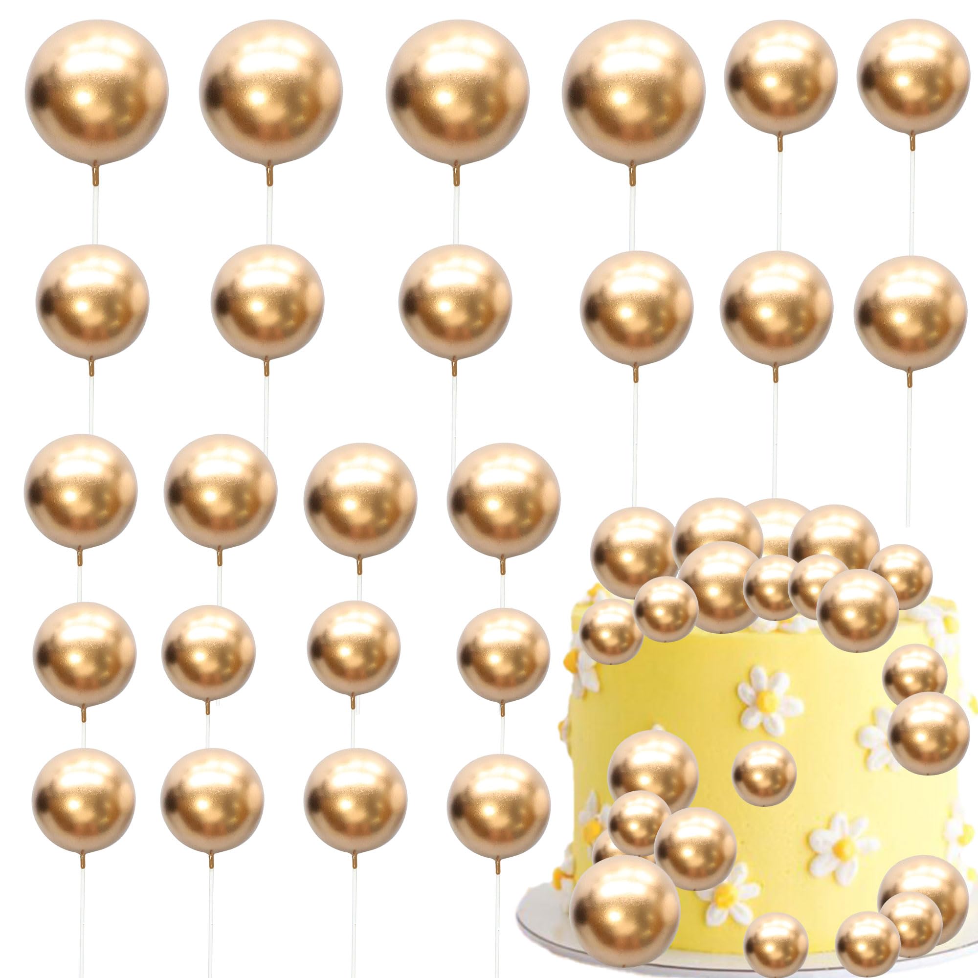 Gyufise 30Pcs Mini Balloon Cake Toppers – Gold Foam Ball Picks for Parties