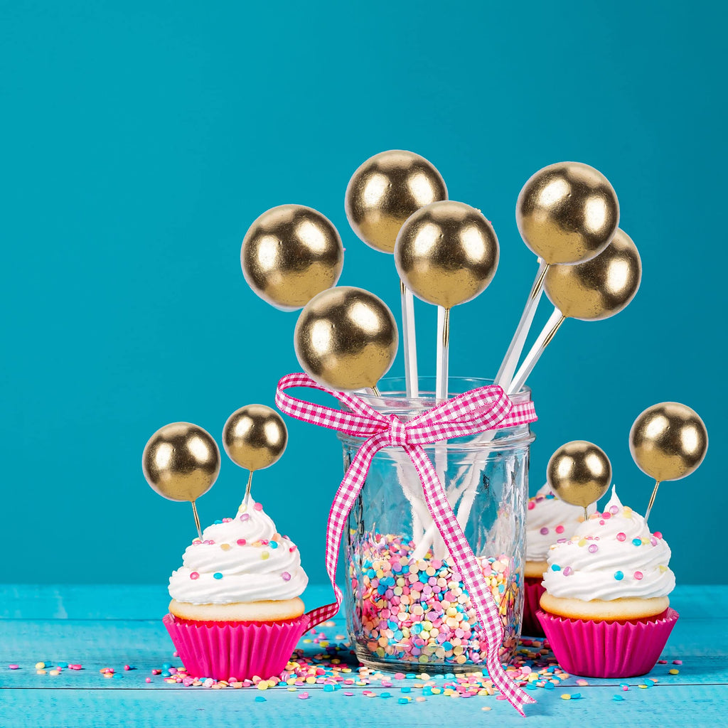 Gyufise 30Pcs Mini Balloon Cake Toppers – Gold Foam Ball Picks for Parties