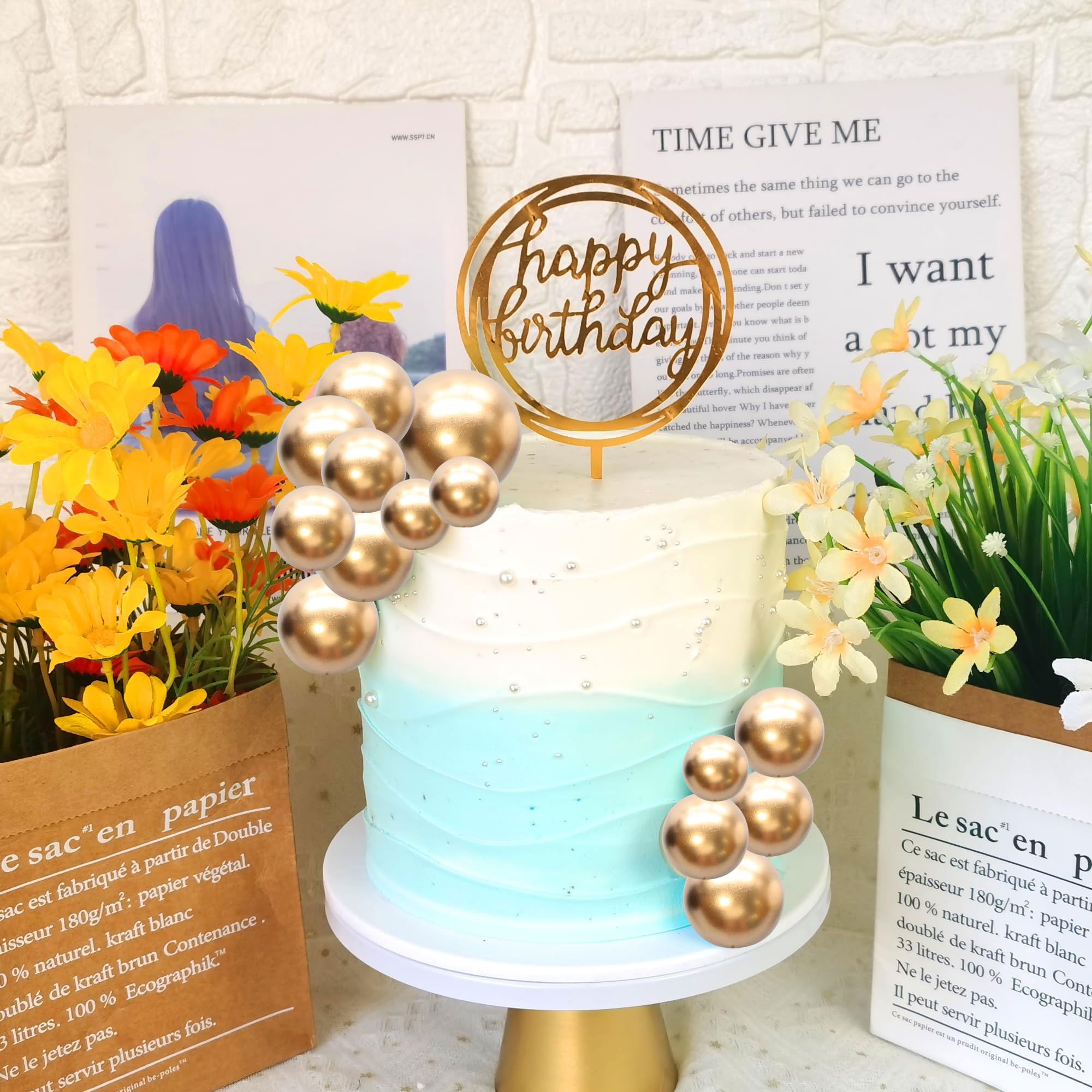 Gyufise 30Pcs Mini Balloon Cake Toppers – Gold Foam Ball Picks for Parties