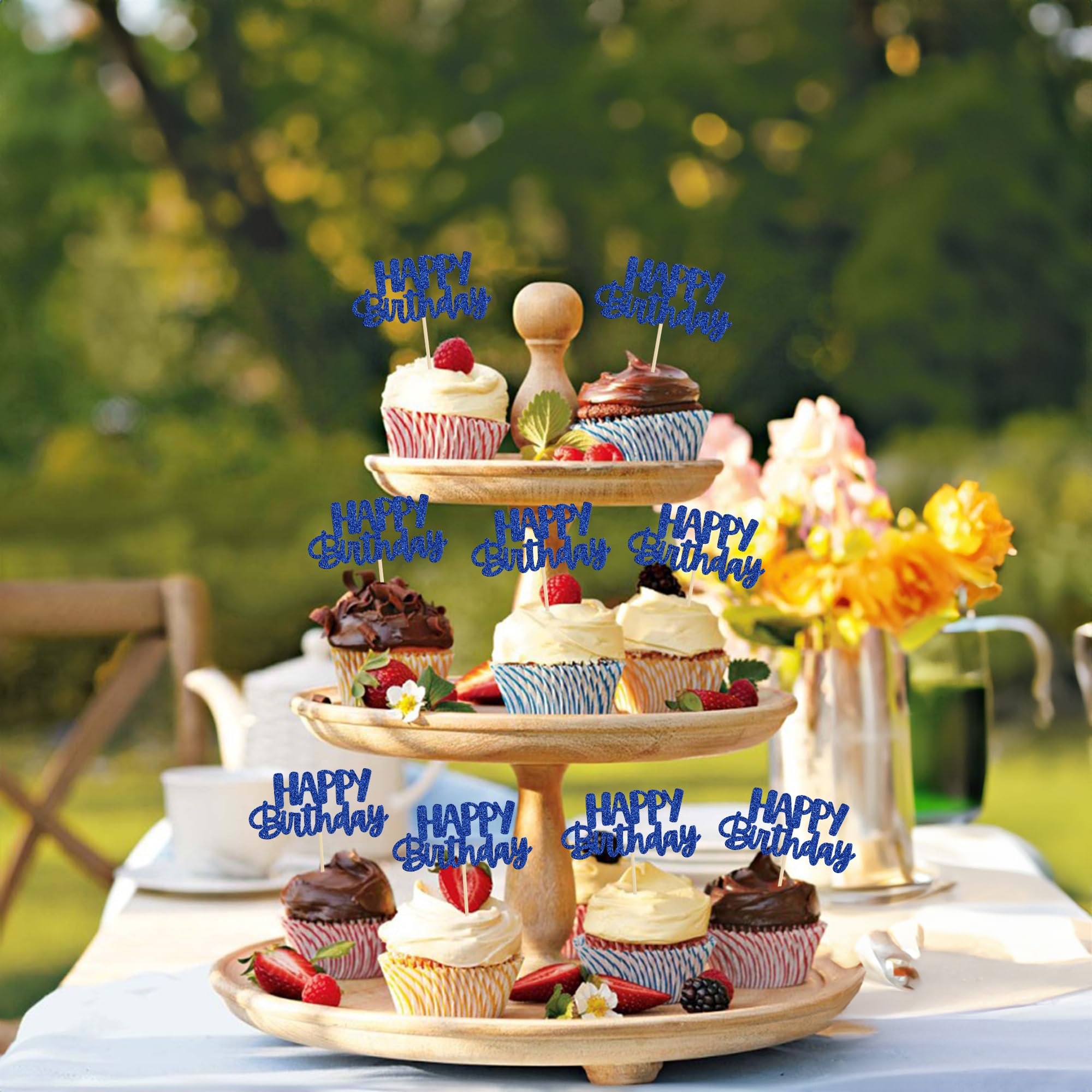 Gyufise 24Pcs Happy Birthday Cupcake Toppers - Blue Glitter Party Picks