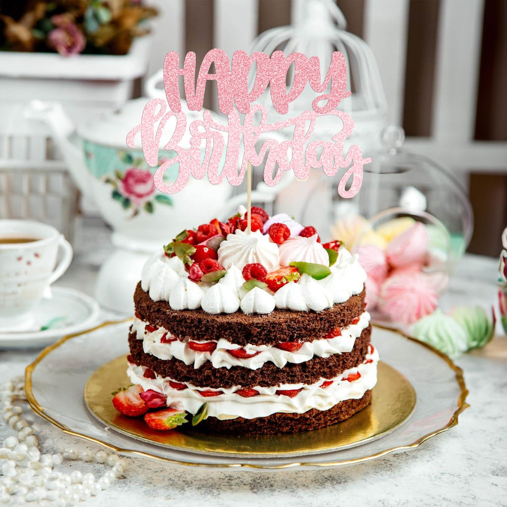 Gyufise 1Pcs Happy Birthday Cake Topper Glitter Pink – Cake Decoration