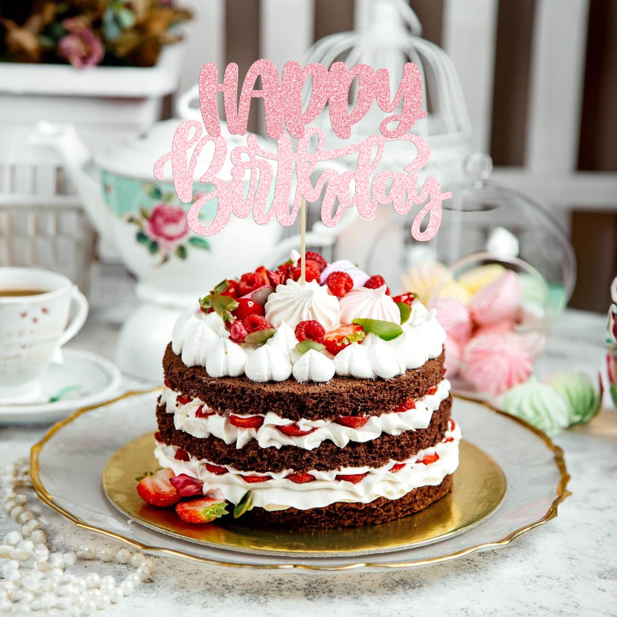 Gyufise 1Pcs Happy Birthday Cake Topper Glitter Pink – Cake Decoration