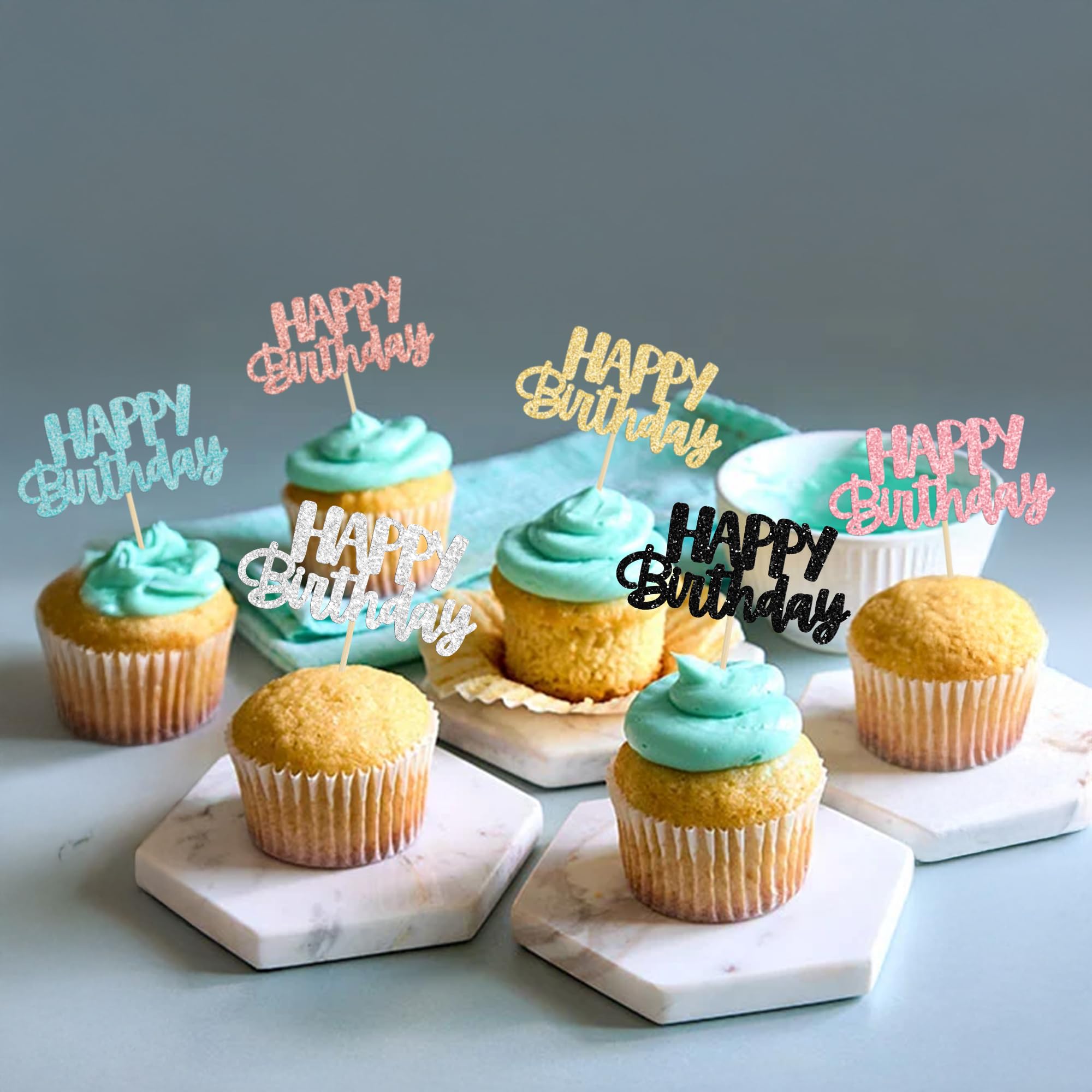 Gyufise 24Pcs Glitter Birthday Cupcake Toppers – 6 Colors, Ready-to-Insert Party Decor