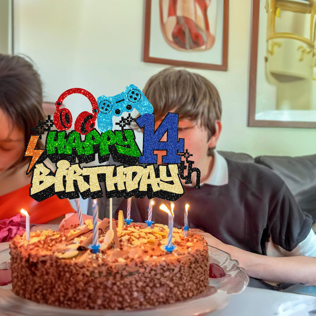 Gyufise Happy 14th Birthday Cake Topper – Glitter Video Game Cake Pick, Game On