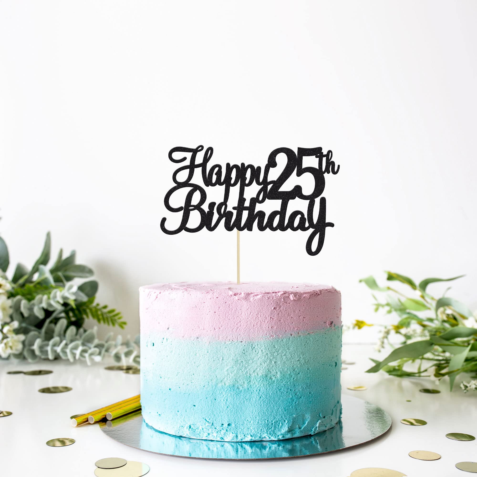 Gyufise 25th Birthday Cake Topper – Glitter Black, 1Pc | Cheers to 25 Years