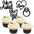 Gyufise 24 Pack Black Glitter He Asked She Said Yes Cupcake Toppers | Wedding & Bridal Shower Decor
