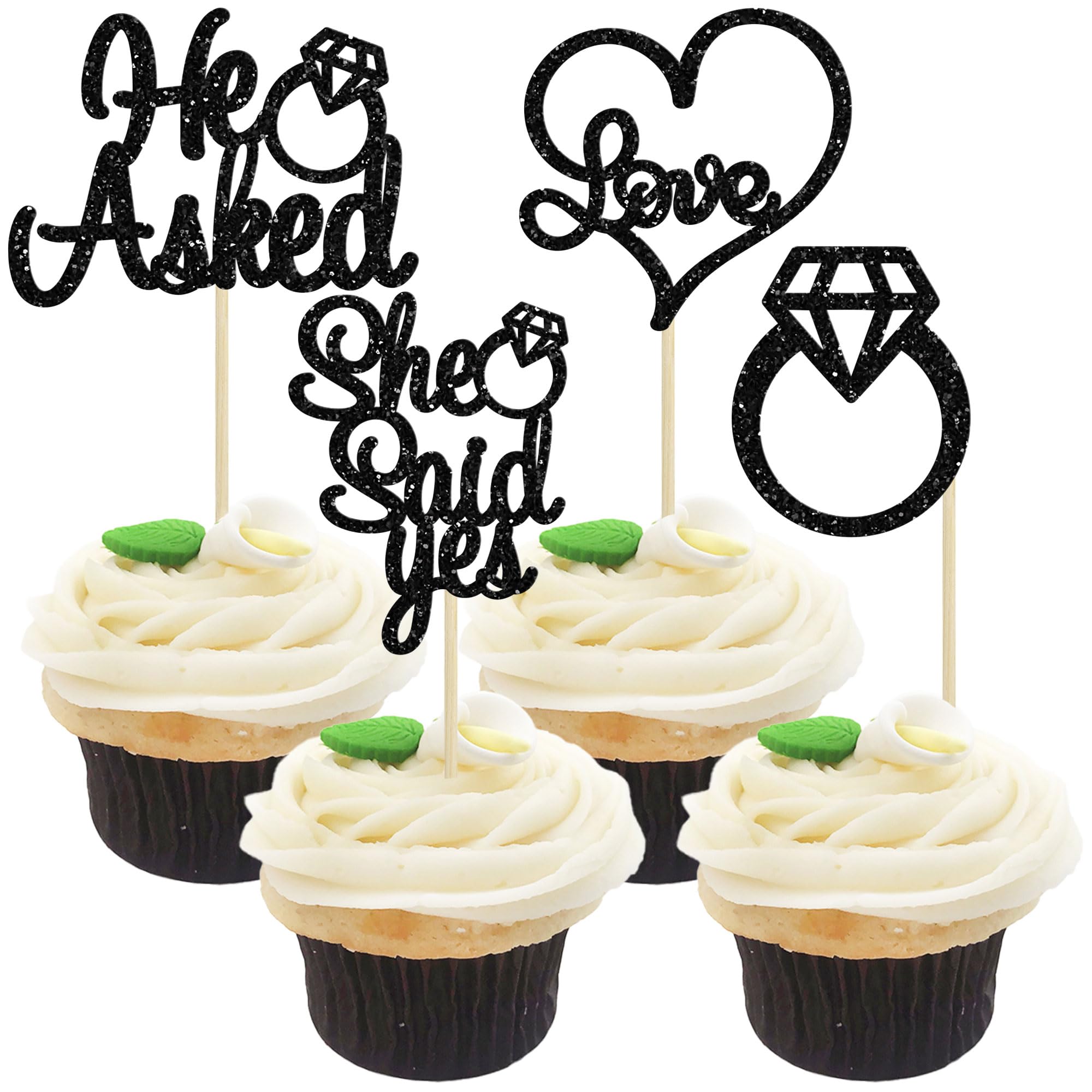 Gyufise 24 Pack Black Glitter He Asked She Said Yes Cupcake Toppers | Wedding & Bridal Shower Decor