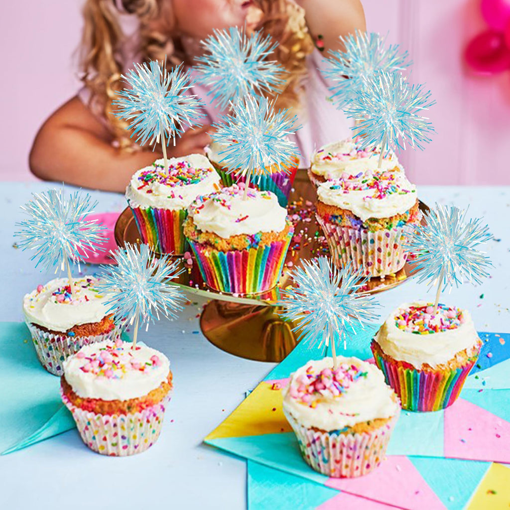 Gyufise 30Pcs Foil Firework Cupcake Toppers – Sparkle Tinsel Cake Decorations