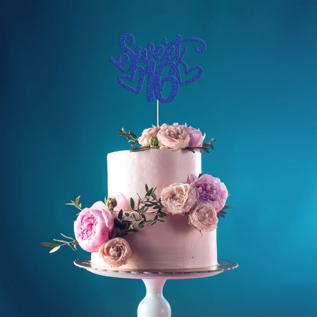 Gyufise 1Pc Sweet 16 Cake Topper – Blue Glitter for 16th Birthday Party
