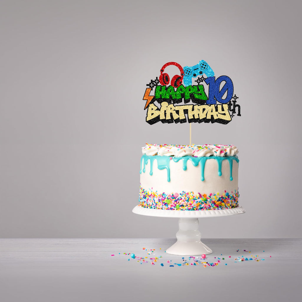Gyufise Video Game 10th Birthday Cake Topper – Glitter Cake Pick