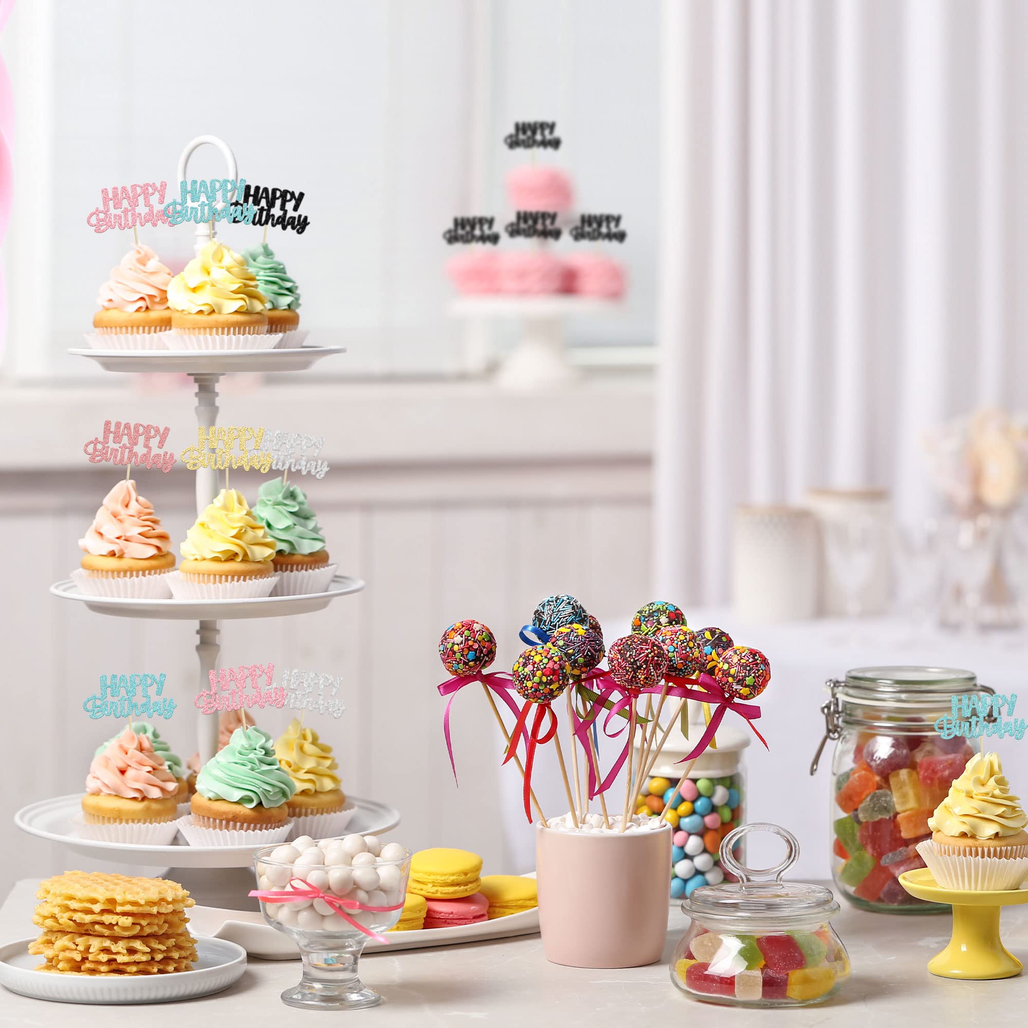 Gyufise 24Pcs Glitter Birthday Cupcake Toppers – 6 Colors, Ready-to-Insert Party Decor