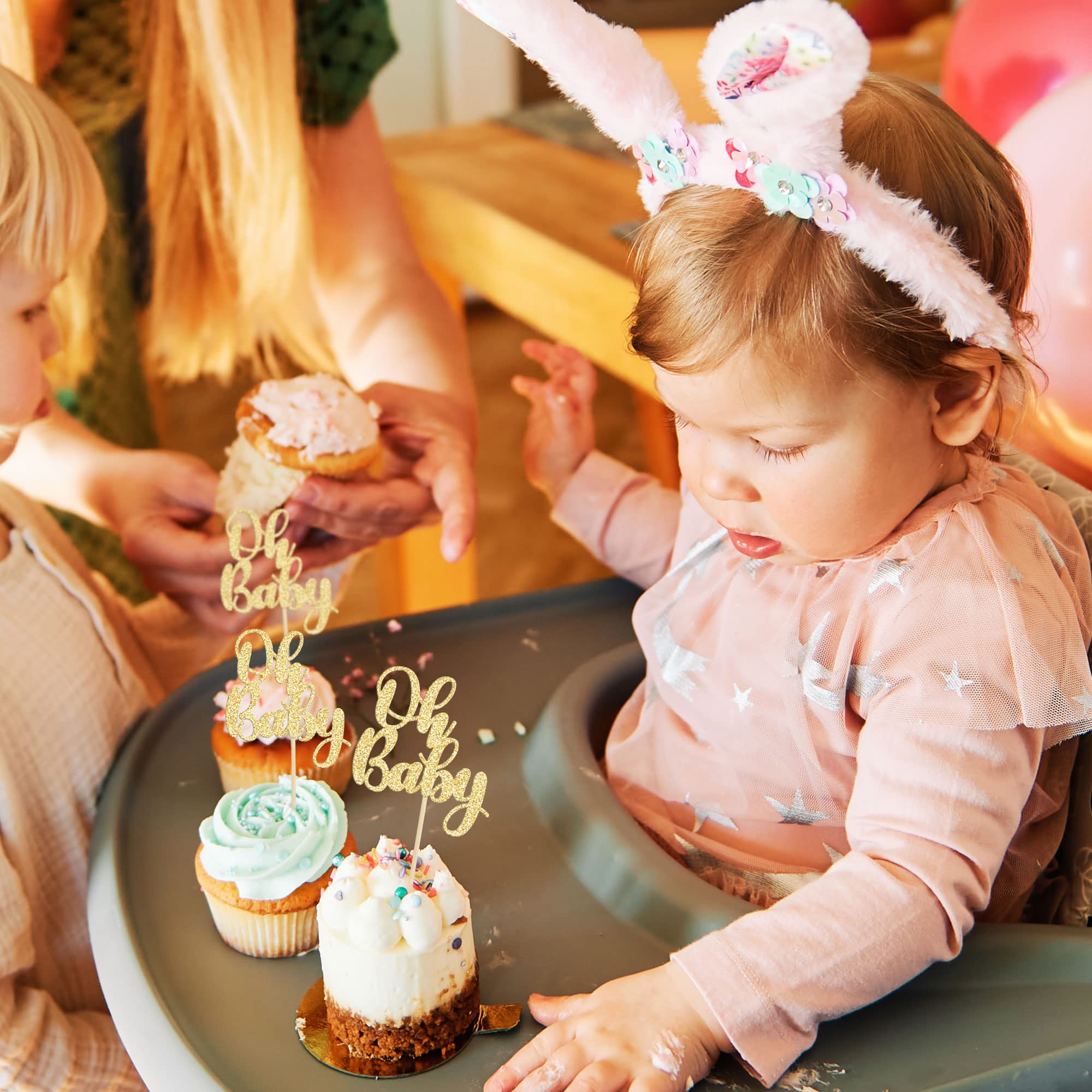 Gyufise 36 Pack Oh Baby Cupcake Toppers – Glitter Gold Cake Decorations for Baby Shower & Birthday