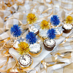 Gyufise 30Pcs Foil Firework Cupcake Toppers – Gold & Dark Blue Sparkle Tinsel Cake Picks