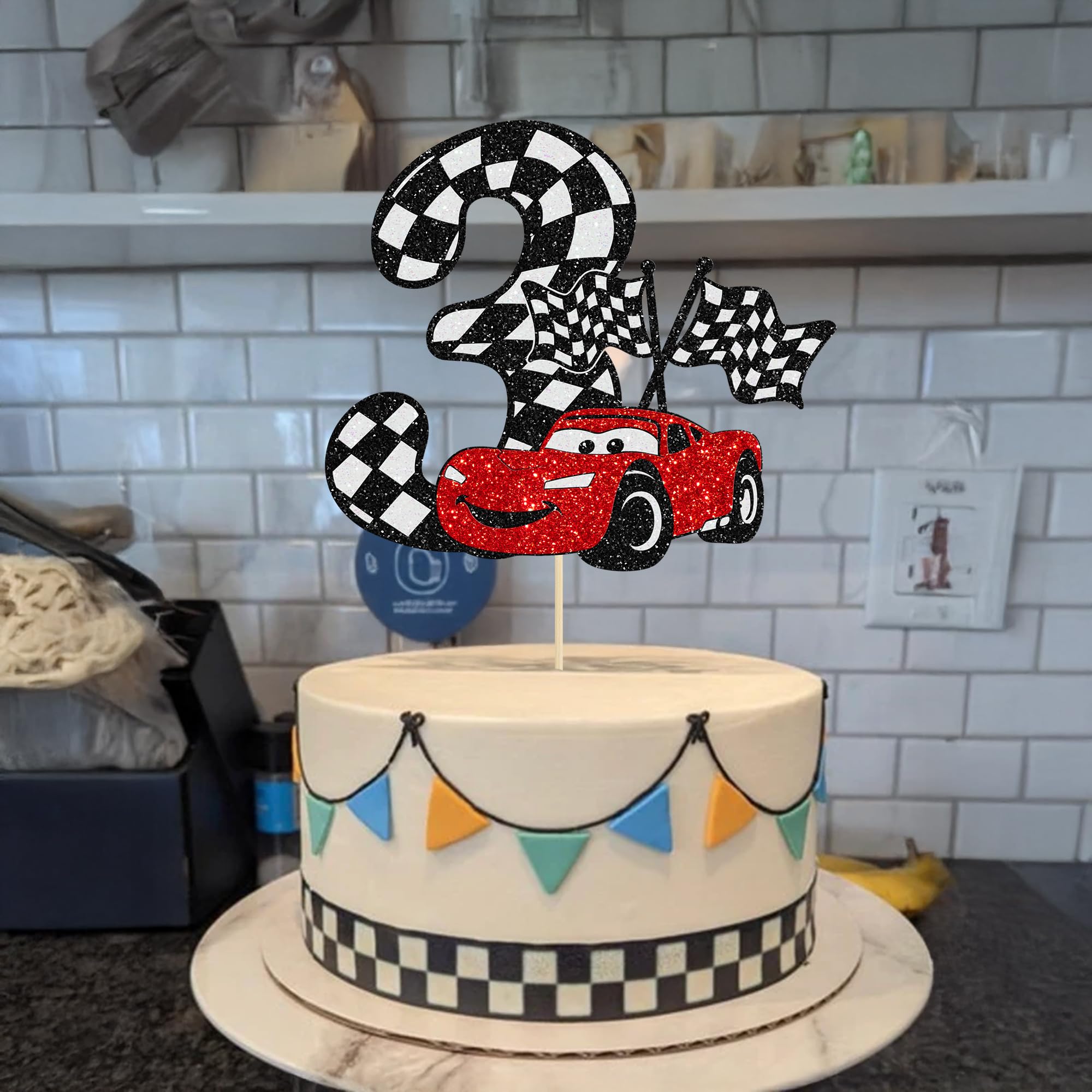 Gyufise Race Car Cake Topper Glitter – 3rd Birthday, Checkered Flag Theme