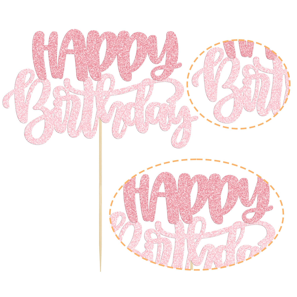 Gyufise 1Pcs Happy Birthday Cake Topper Glitter Pink – Cake Decoration