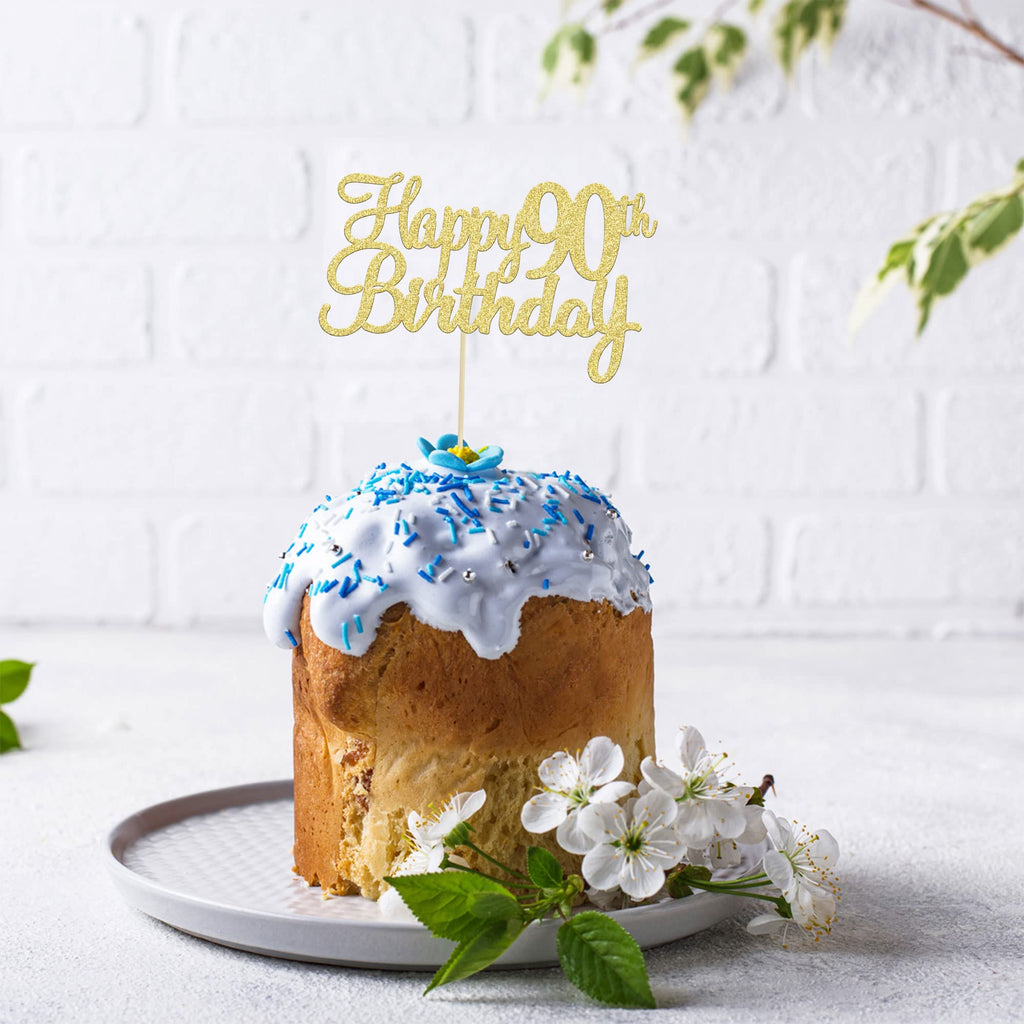 Gyufise 1pc Happy 90th Birthday Cake Topper - Gold Glitter