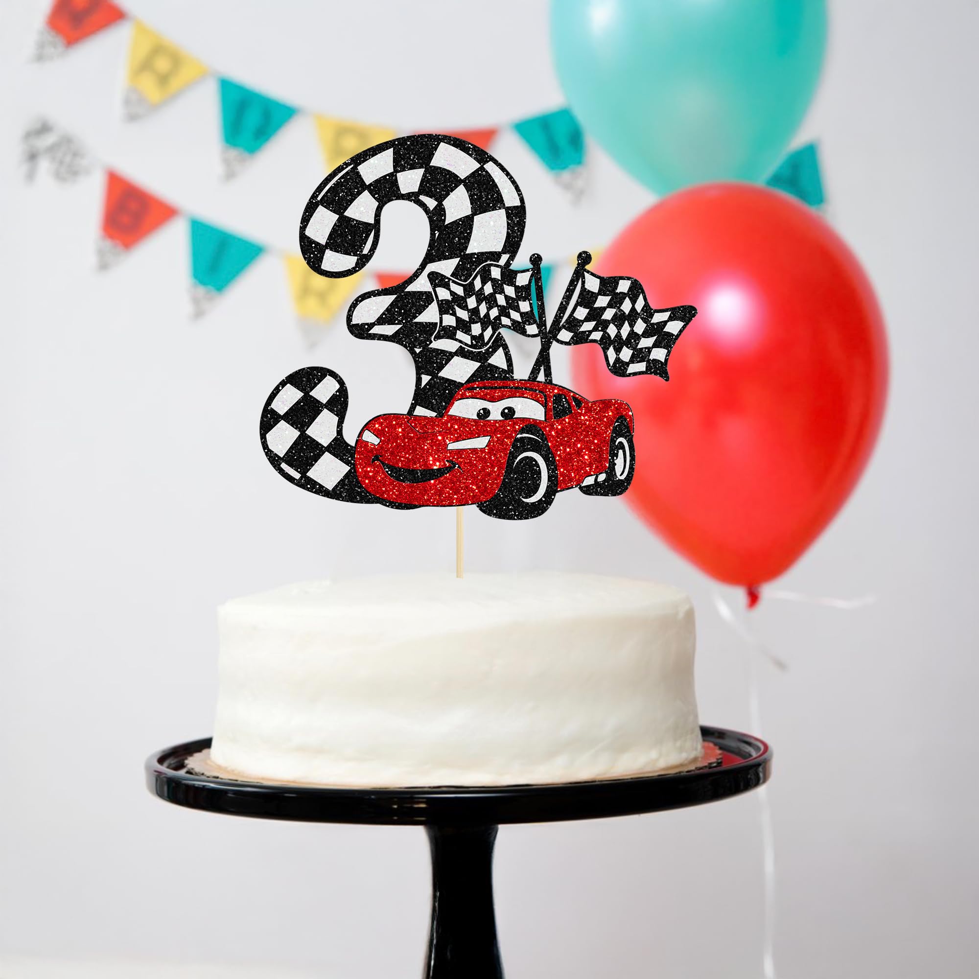 Gyufise Race Car Cake Topper Glitter – 3rd Birthday, Checkered Flag Theme
