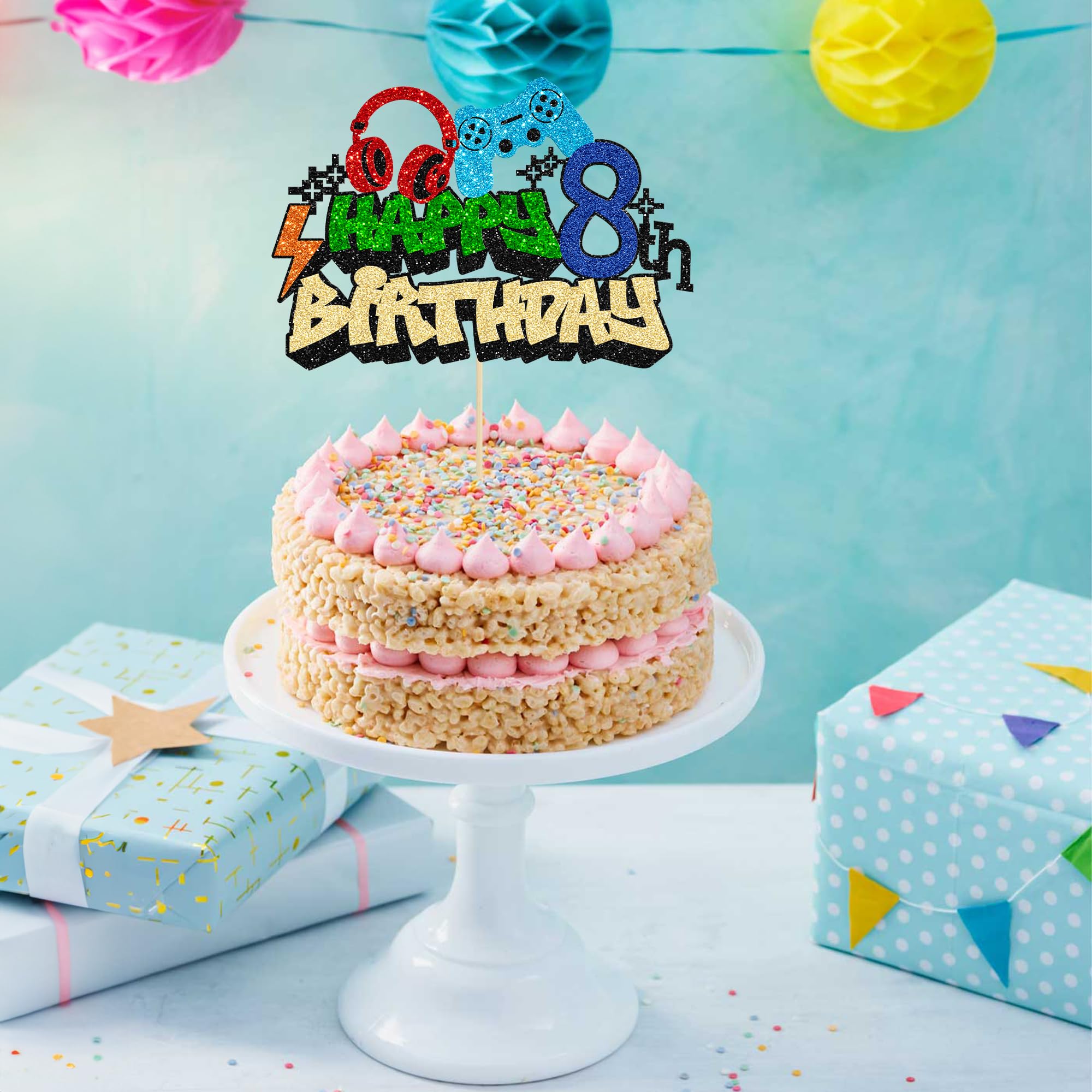 Gyufise 8th Birthday Video Game Cake Topper – Glitter Controllers for Boys Party Decor