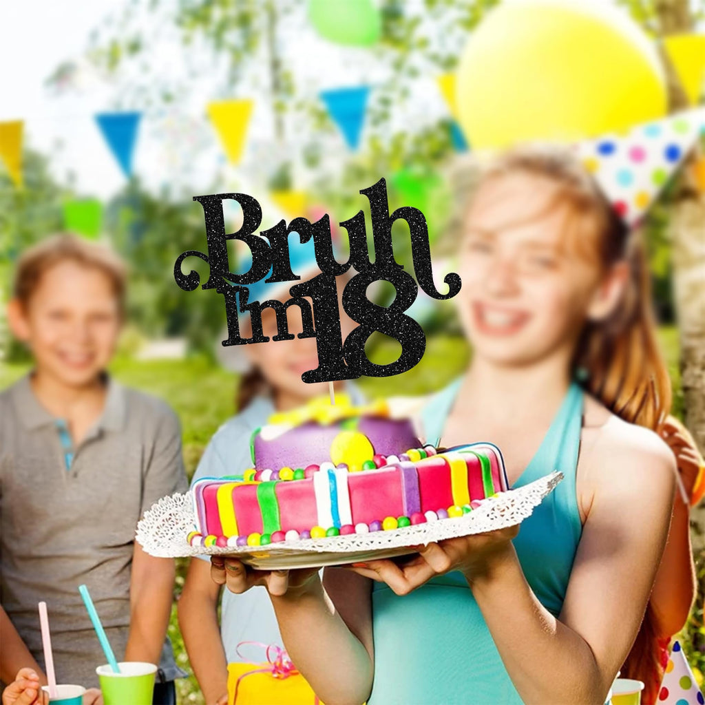 Gyufise 1 Pack Bruh I'm 18 Cake Topper - Black Glitter | 18th Birthday Party Decor