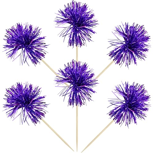 Gyufise 30Pcs Foil Firework Cupcake Toppers – Sparkle Tinsel Cake Decorations (Dark Purple) for Birthday, Wedding & Party