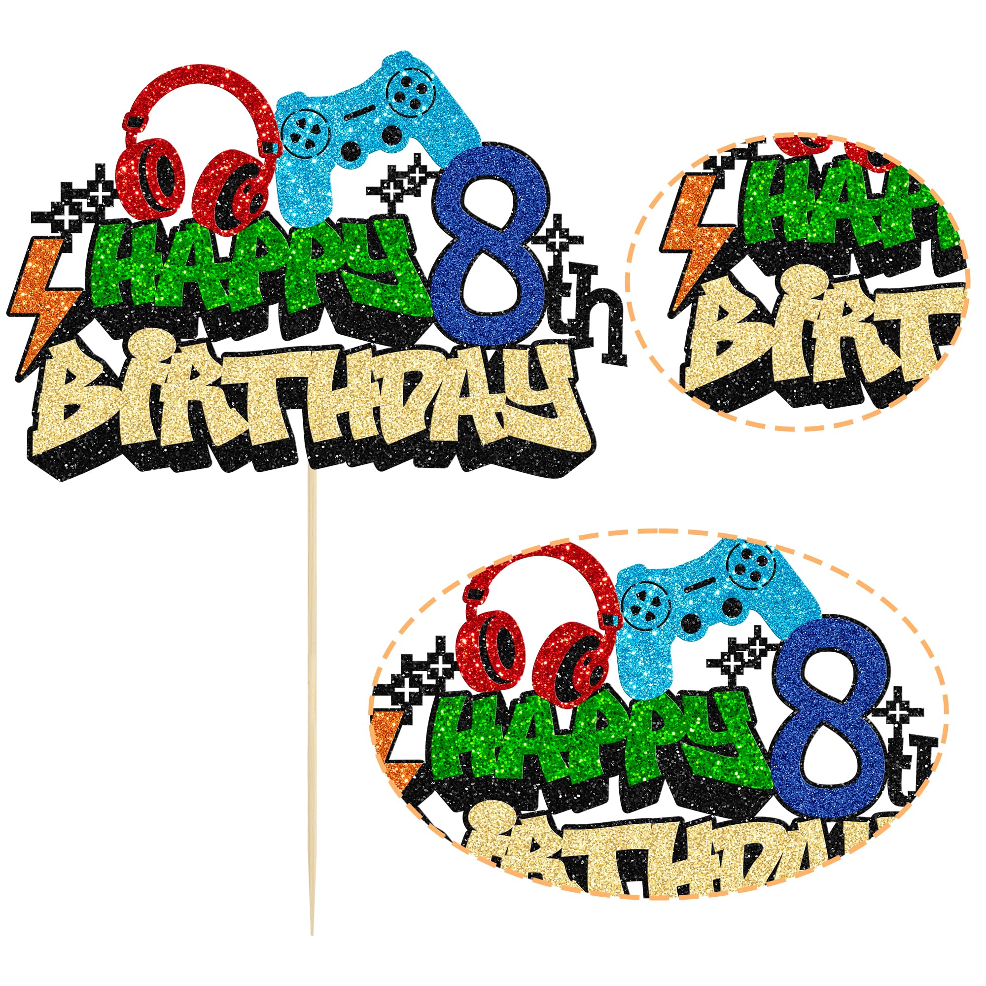 Gyufise 8th Birthday Video Game Cake Topper – Glitter Controllers for Boys Party Decor