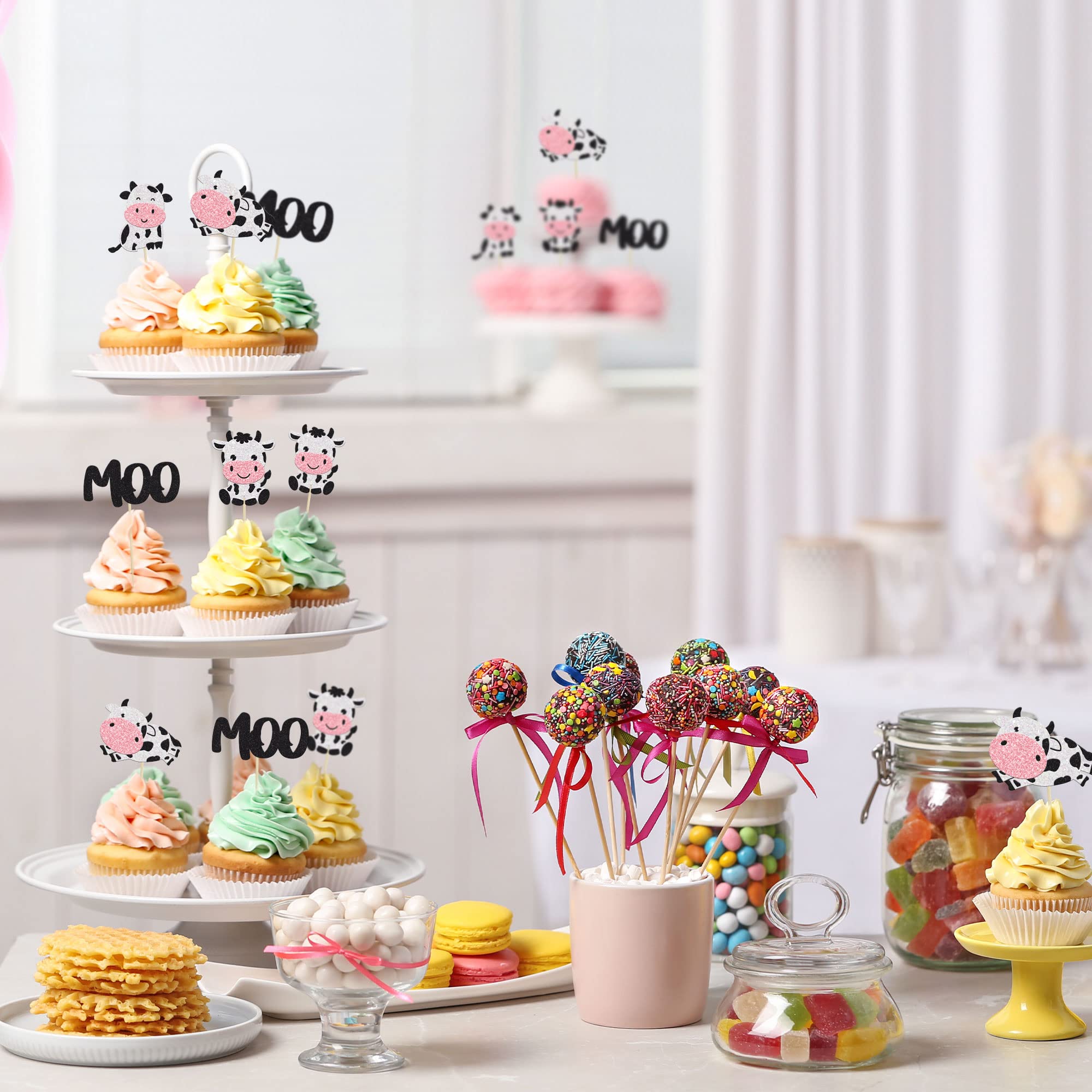 Gyufise 24Pcs Cow Cupcake Toppers - Glitter Farm Animals Moo Picks for Baby Shower & Birthday Cakes