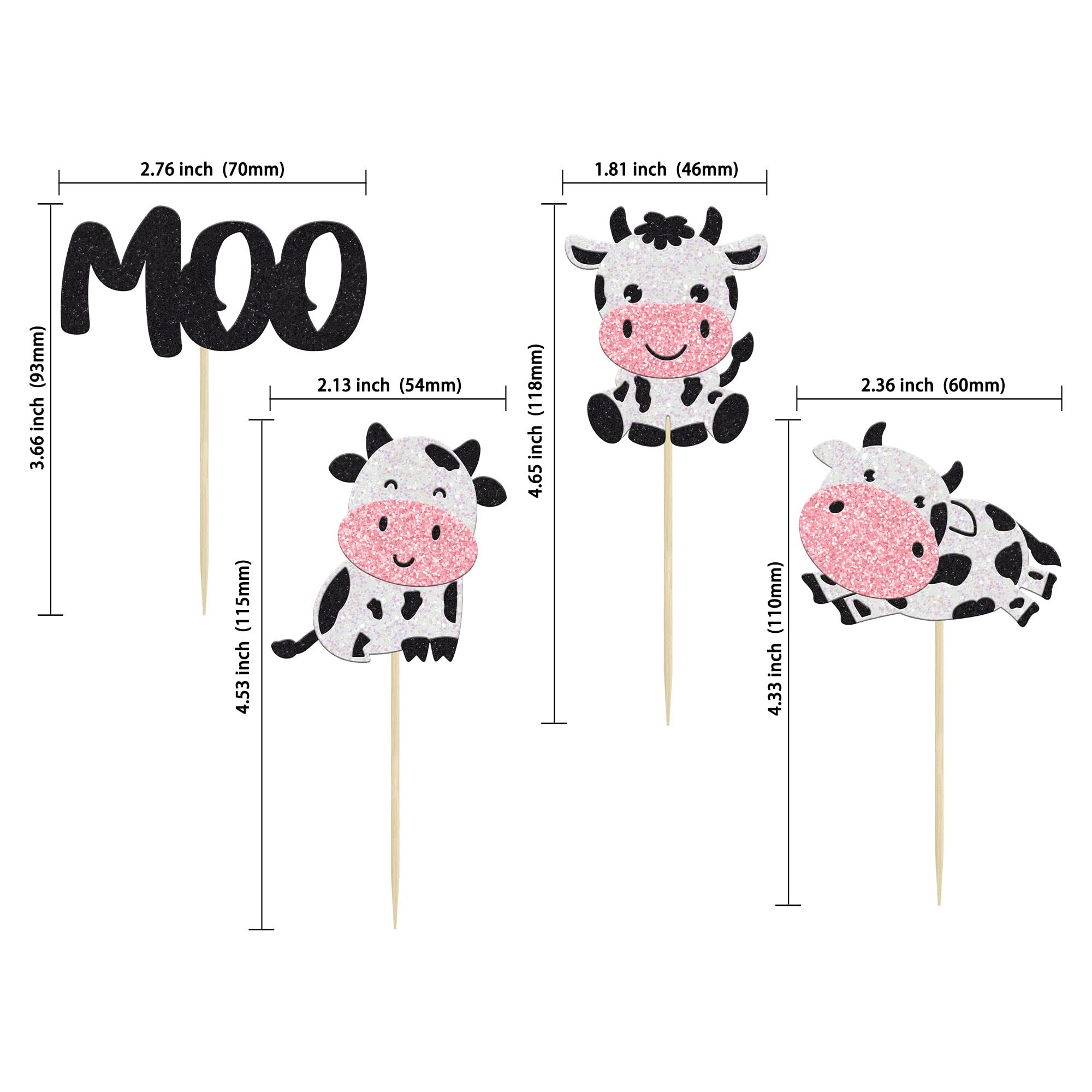 Gyufise 24Pcs Cow Cupcake Toppers - Glitter Farm Animals Moo Picks for Baby Shower & Birthday Cakes