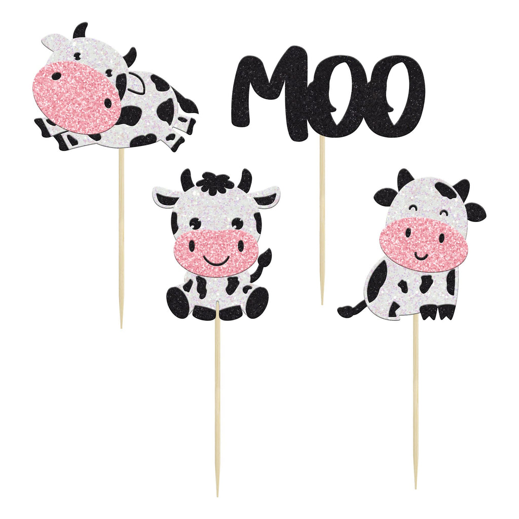Gyufise 24Pcs Cow Cupcake Toppers - Glitter Farm Animals Moo Picks for Baby Shower & Birthday Cakes