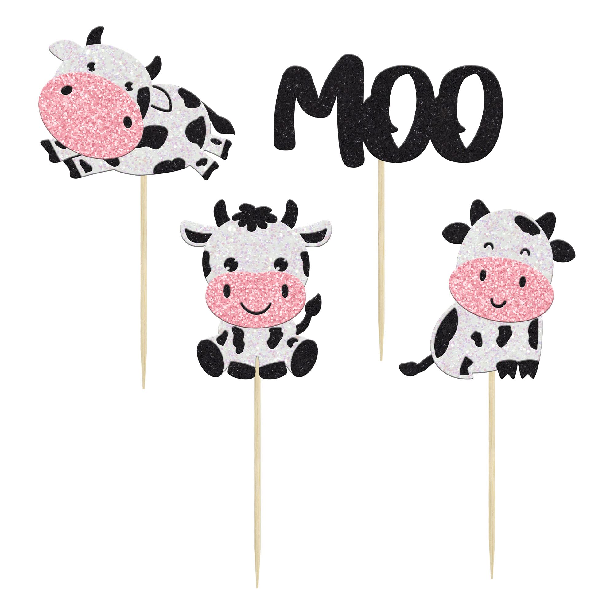 Gyufise 24Pcs Cow Cupcake Toppers - Glitter Farm Animals Moo Picks for Baby Shower & Birthday Cakes
