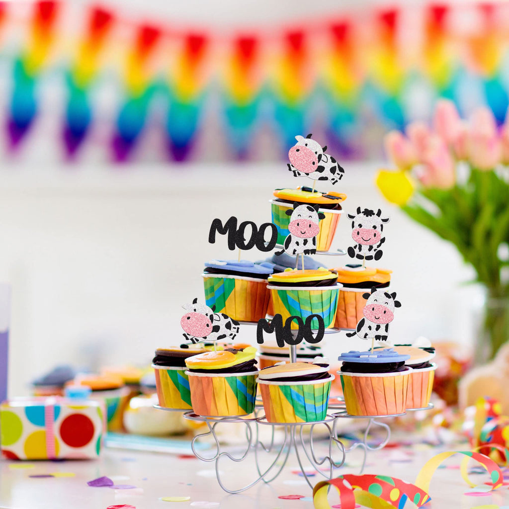 Gyufise 24Pcs Cow Cupcake Toppers - Glitter Farm Animals Moo Picks for Baby Shower & Birthday Cakes