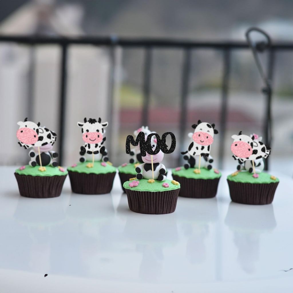 Gyufise 24Pcs Cow Cupcake Toppers - Glitter Farm Animals Moo Picks for Baby Shower & Birthday Cakes