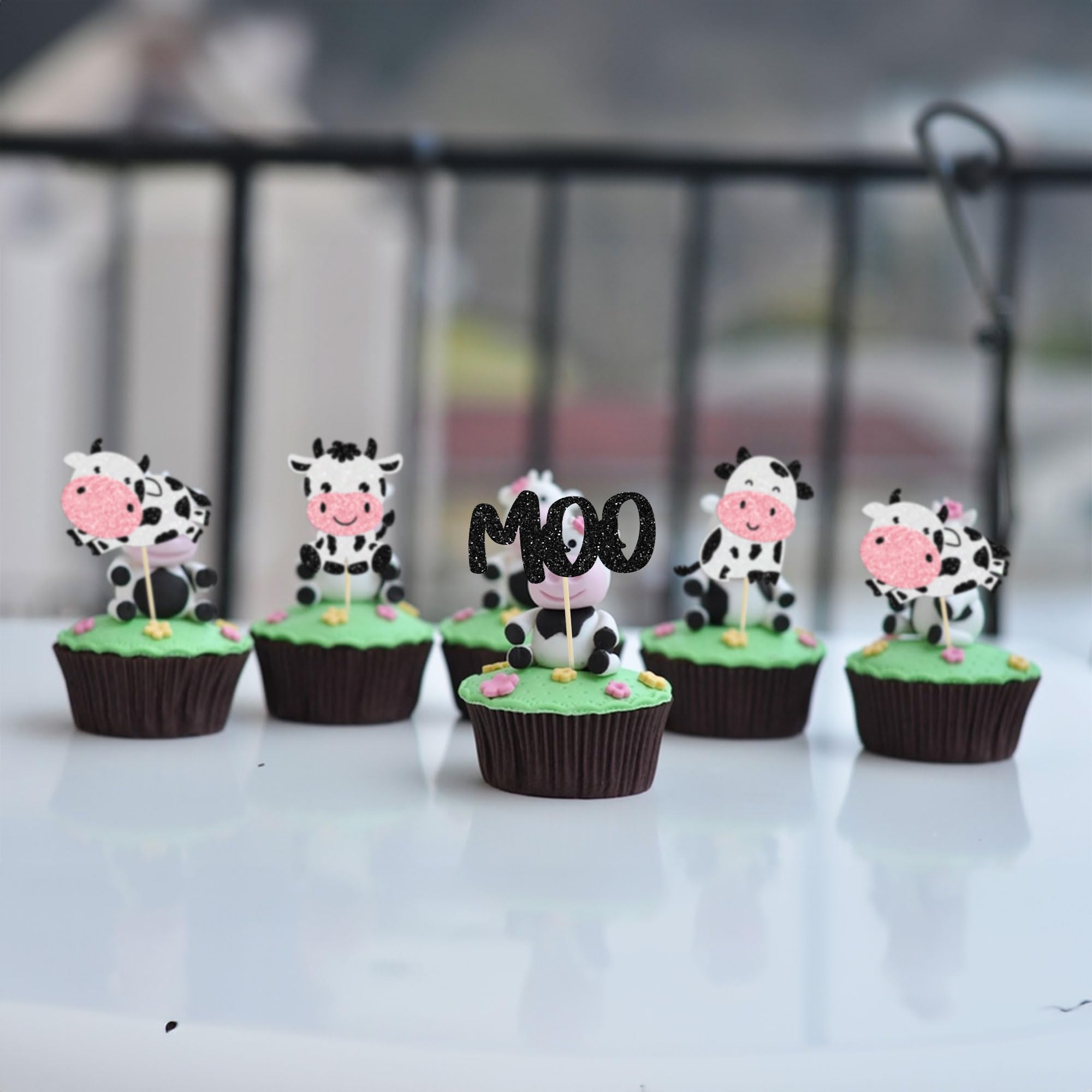 Gyufise 24Pcs Cow Cupcake Toppers - Glitter Farm Animals Moo Picks for Baby Shower & Birthday Cakes