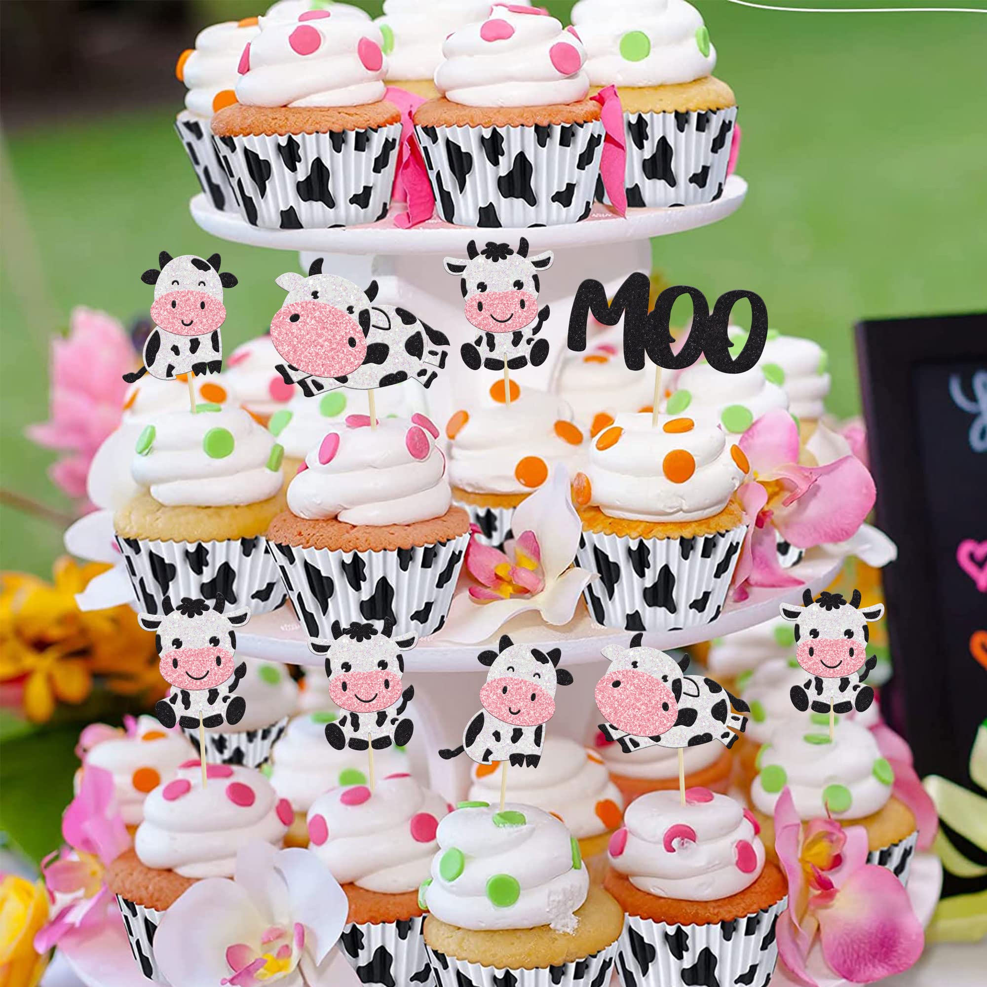 Gyufise 24Pcs Cow Cupcake Toppers - Glitter Farm Animals Moo Picks for Baby Shower & Birthday Cakes