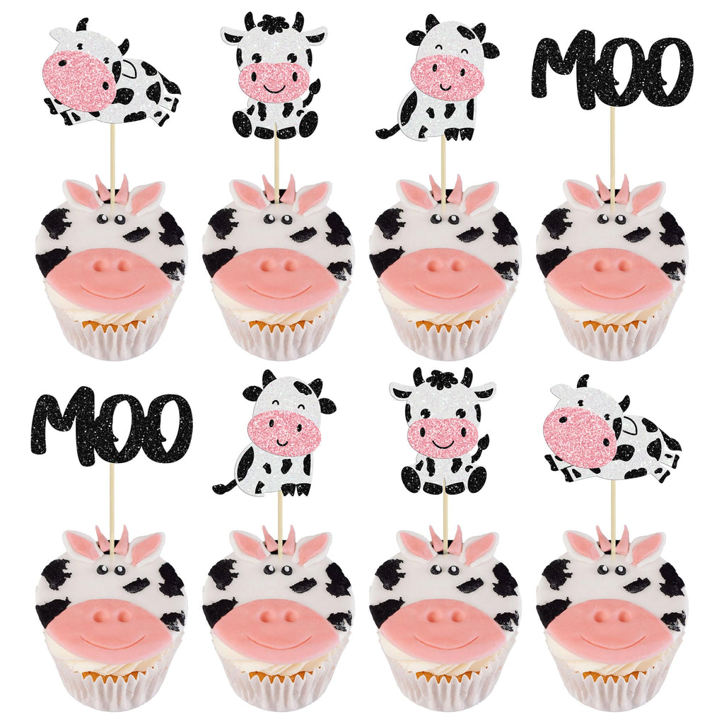 Gyufise 24Pcs Cow Cupcake Toppers - Glitter Farm Animals Moo Picks for Baby Shower & Birthday Cakes