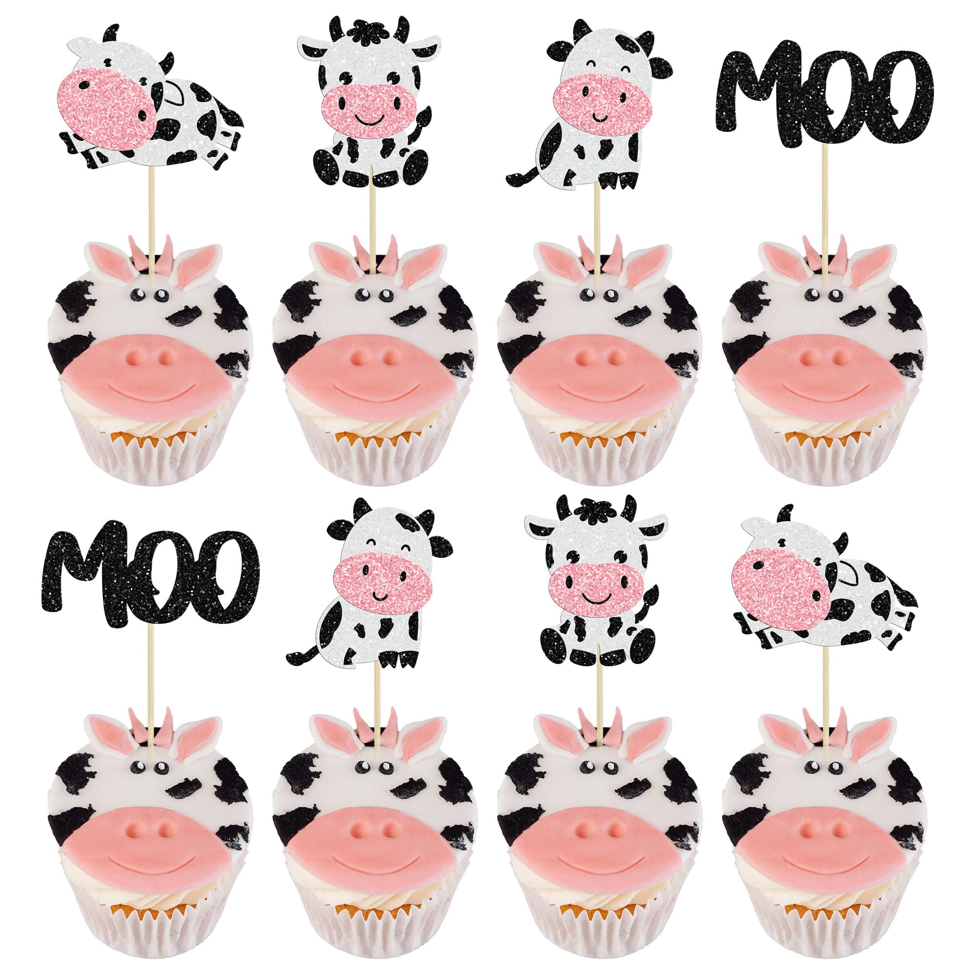 Gyufise 24Pcs Cow Cupcake Toppers - Glitter Farm Animals Moo Picks for Baby Shower & Birthday Cakes