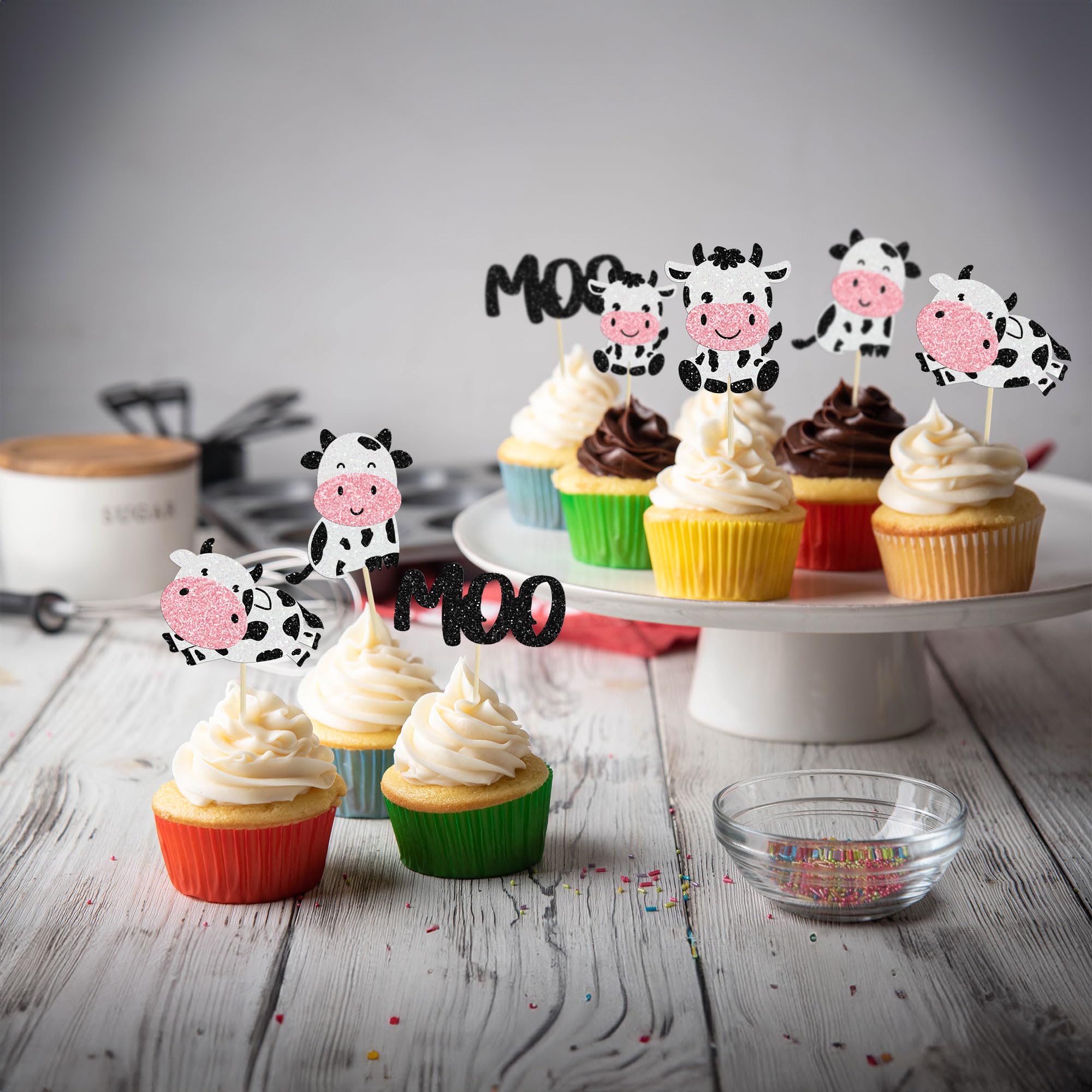 Gyufise 24Pcs Cow Cupcake Toppers - Glitter Farm Animals Moo Picks for Baby Shower & Birthday Cakes