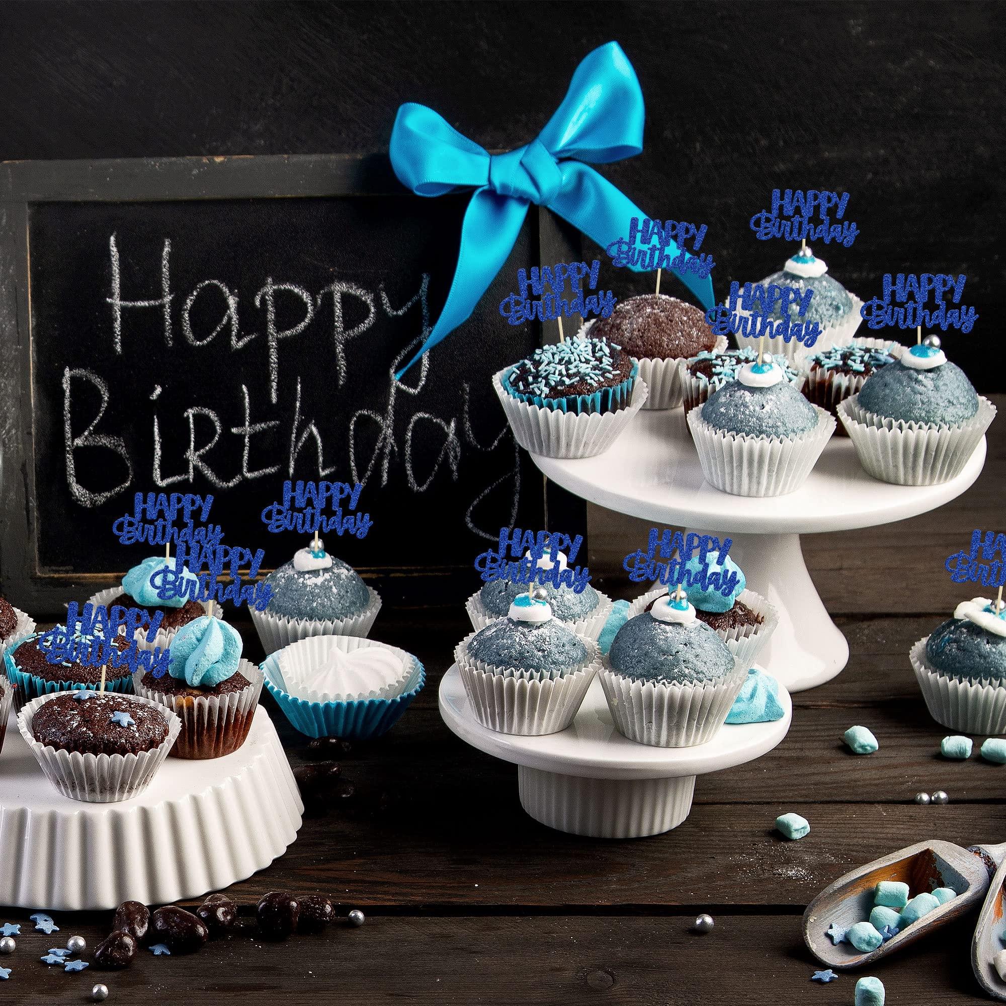 Gyufise 24Pcs Happy Birthday Cupcake Toppers - Blue Glitter Party Picks