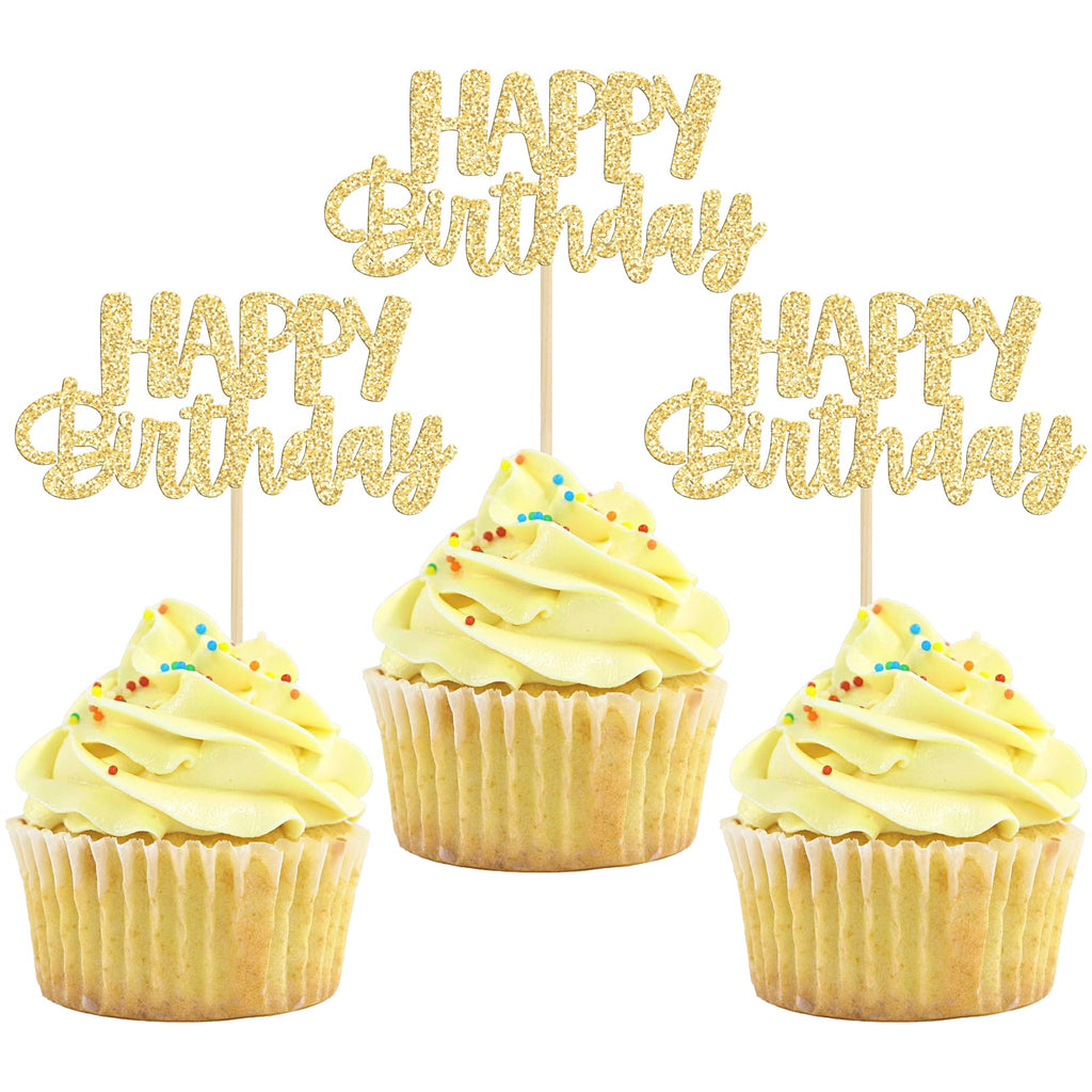 Gyufise 24Pcs Happy Birthday Cupcake Toppers - Gold Glitter Cake Picks for Birthday, Baby Shower & Party Decor