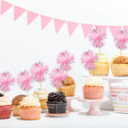 Gyufise 30Pcs Foil Firework Cupcake Toppers – Sparkle Tinsel Cake Decorations for Birthday, Wedding & Party (Dark Pink)
